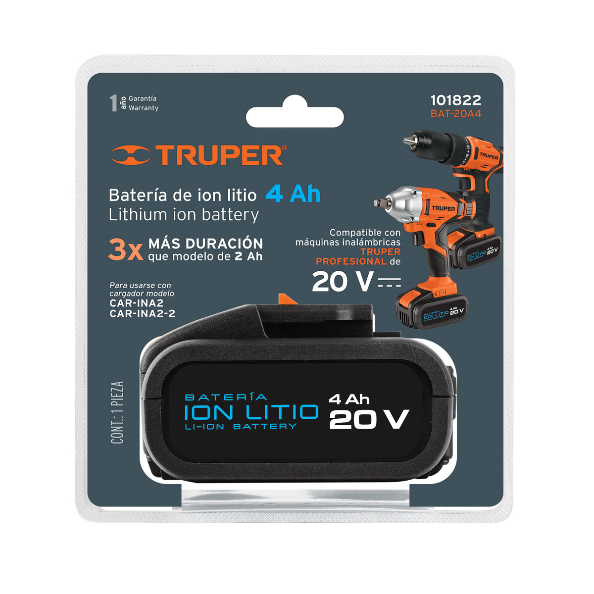 Batería ion litio, 20V, 4 Ah, TRUPER PRO, Truper, SKU 101822 — vista 2