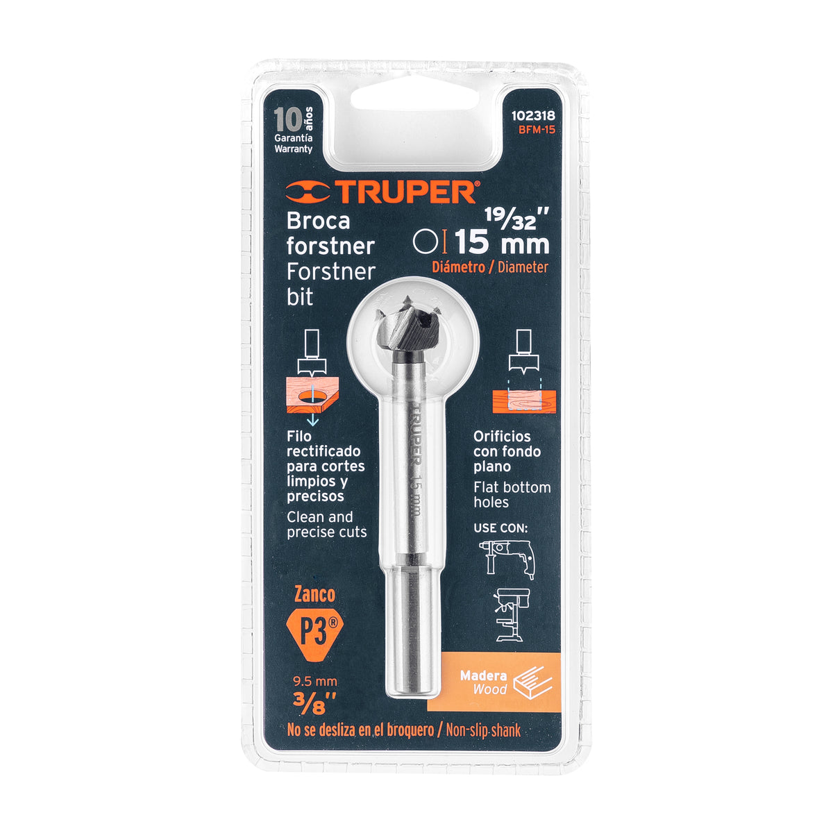 Broca forstner 15 mm para madera, TRUPER — foto oficial 2