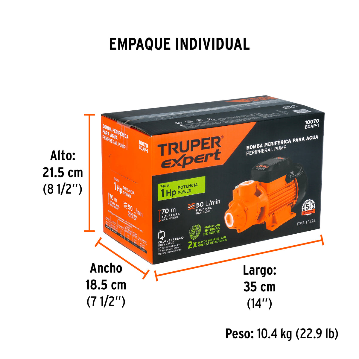 Bomba periférica 1HP, altura máx 70m, uso agrícola, EXPERT, Expert, SKU 10070 — vista 5