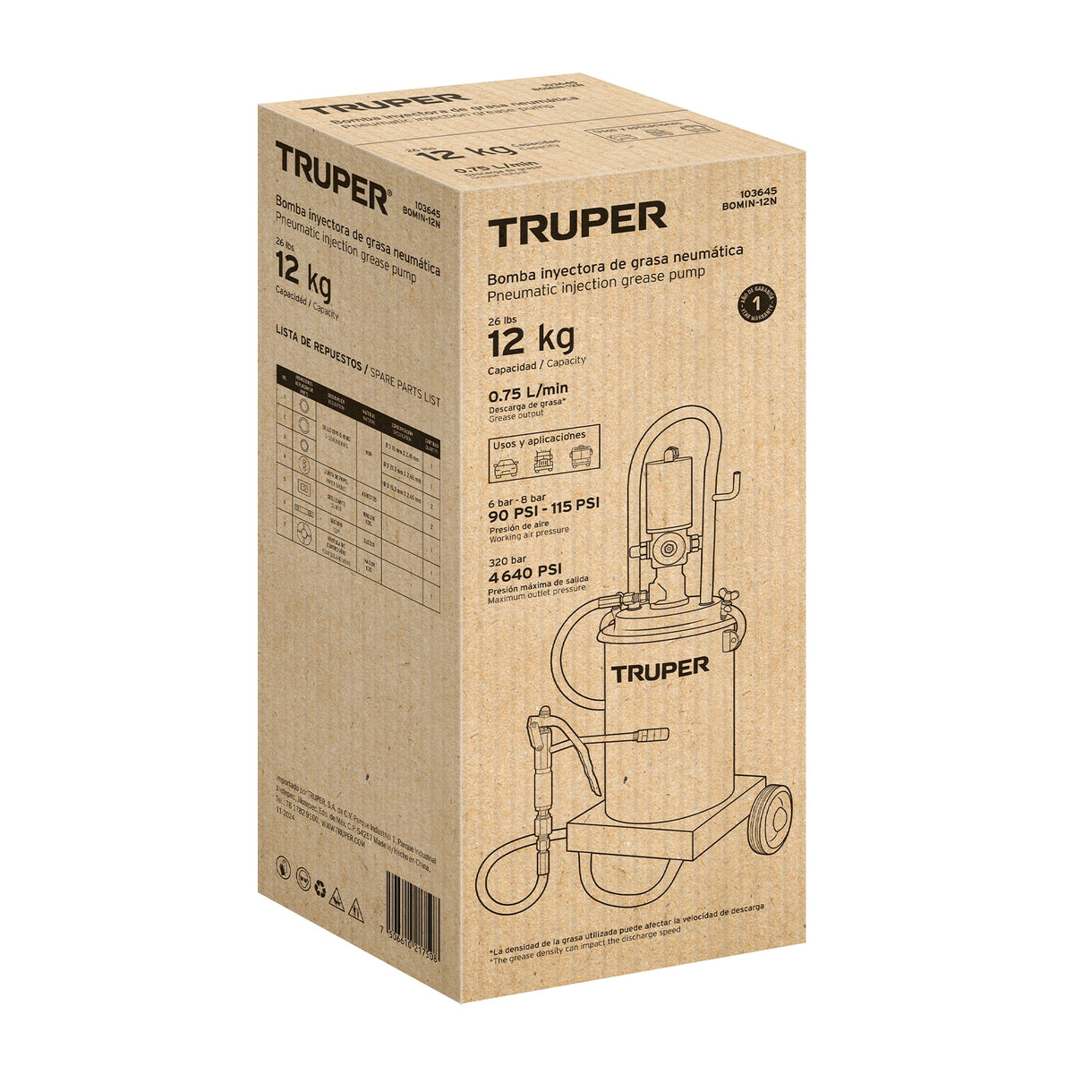 Bomba Inyectora Neumática de grasa, 12 Kg, TRUPER, Truper, SKU 103645 — vista 2