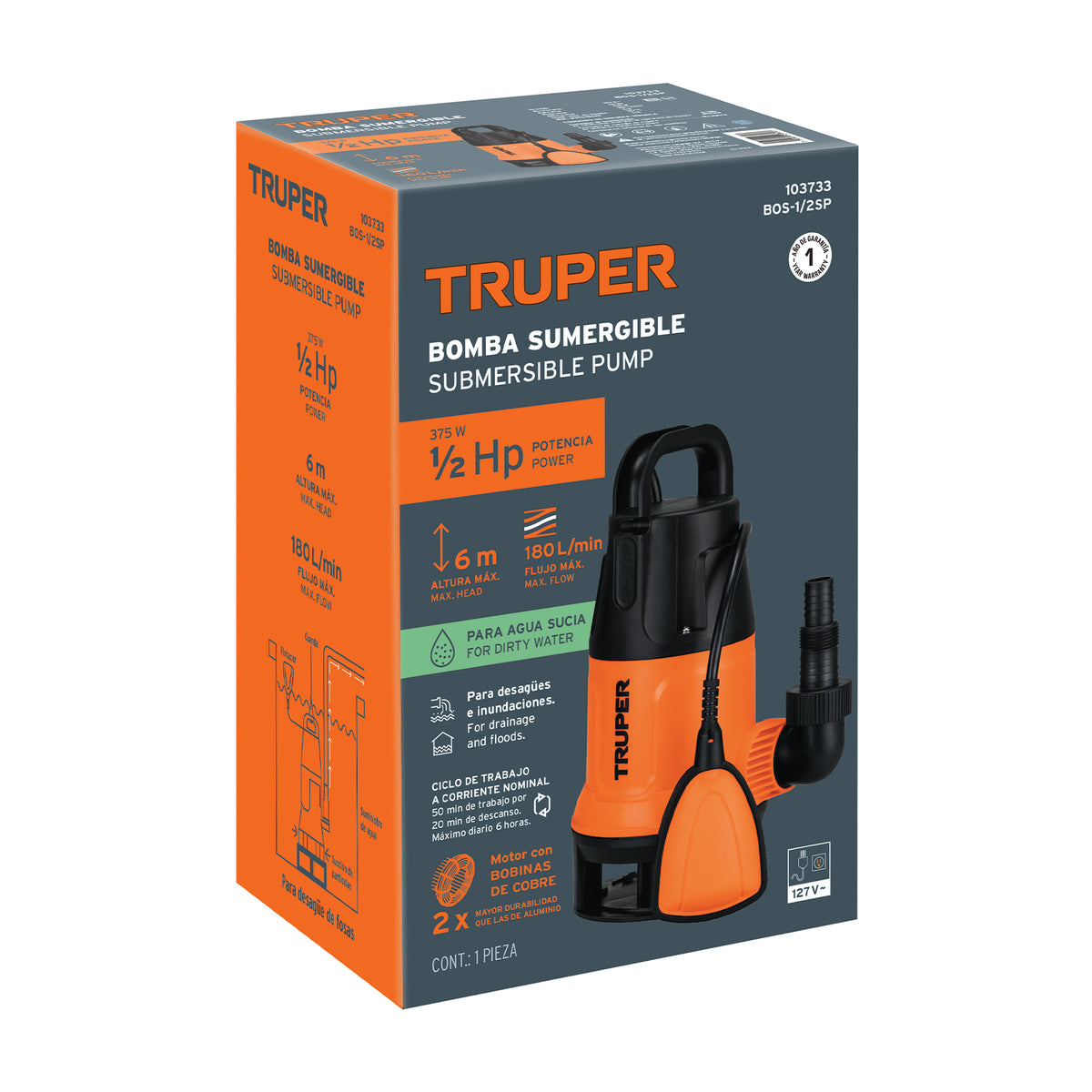 Bomba sumergible plástica, 1/2 HP para agua sucia, TRUPER — foto oficial 2