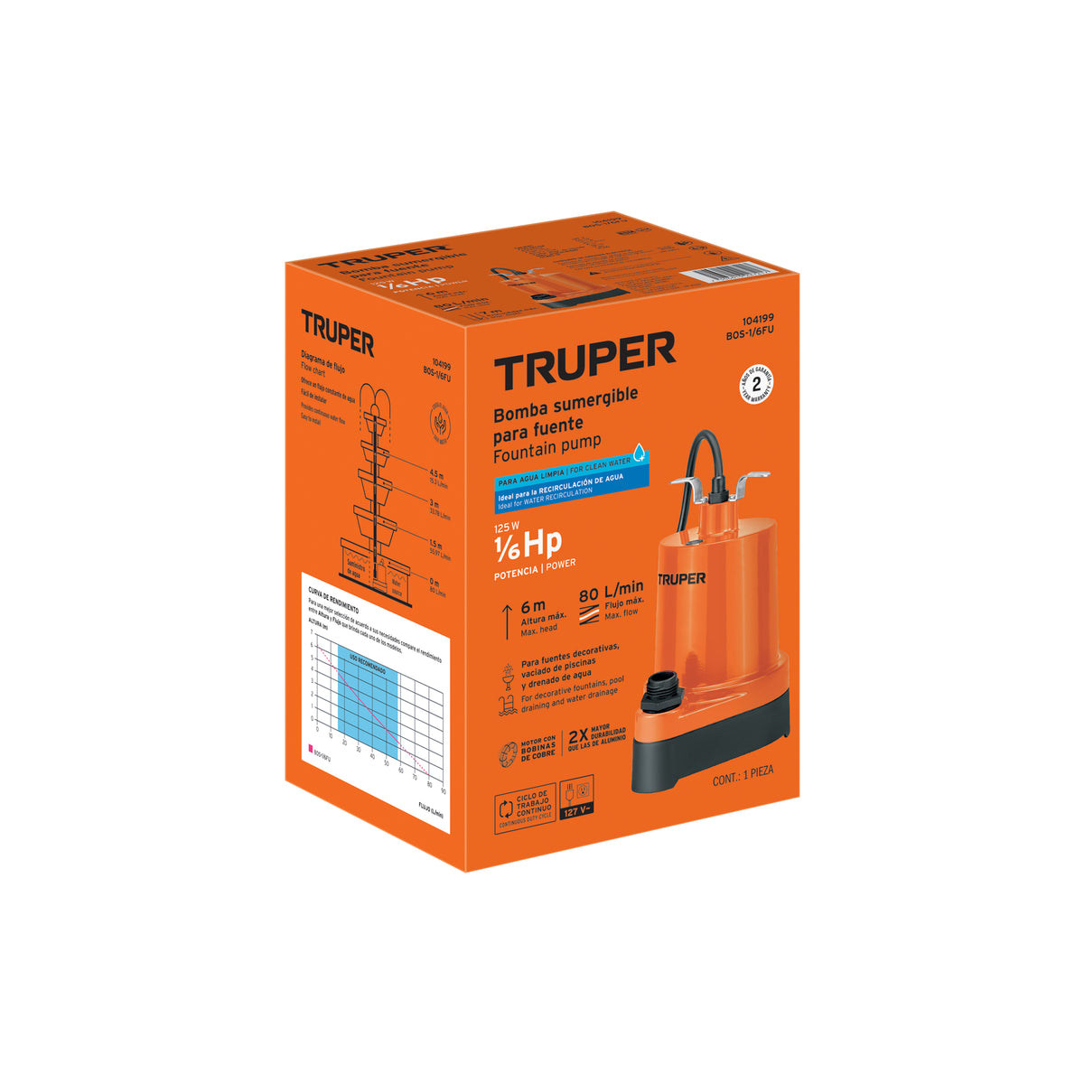 Bomba sumergible para fuente, 1/6 HP, TRUPER — foto oficial 2