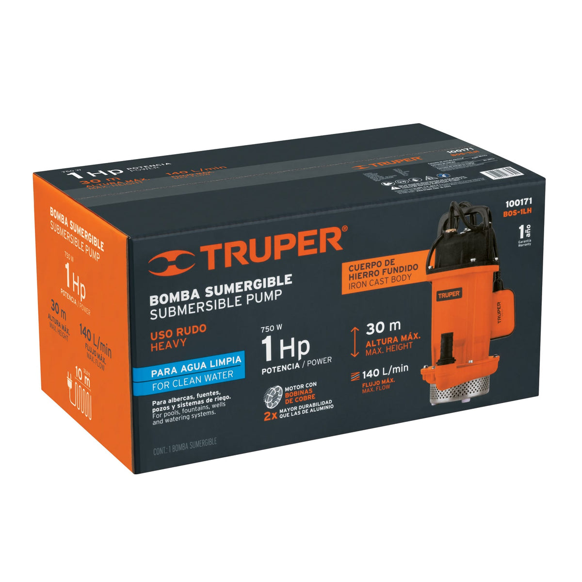 Bomba sumergible hierro fundido, agua limpia, 1 HP, TRUPER, Truper, SKU 100171 — vista 2
