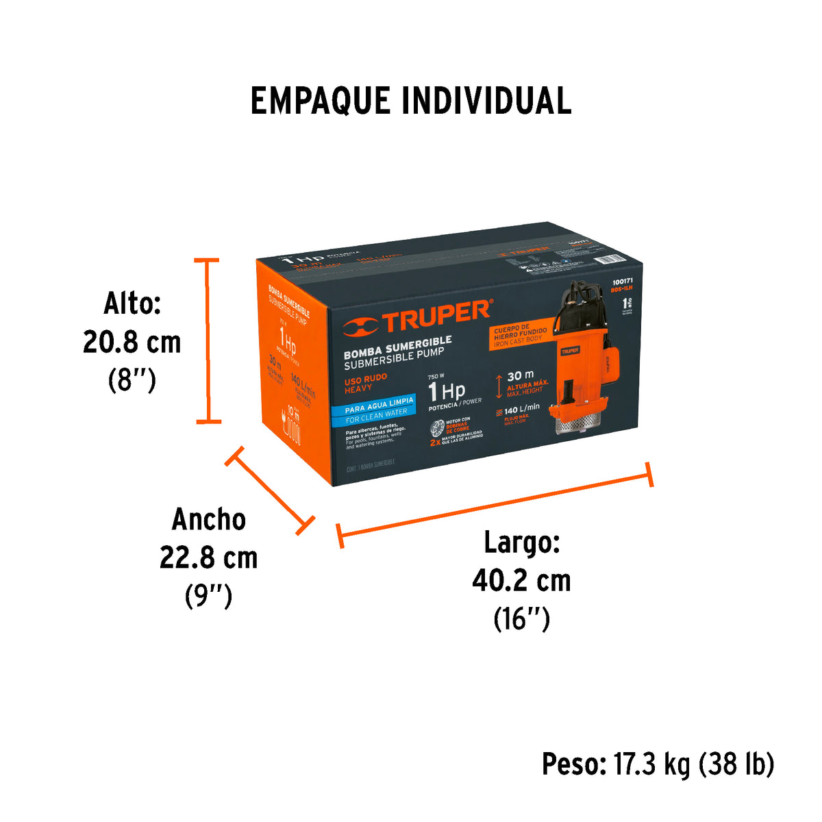 Bomba sumergible hierro fundido, agua limpia, 1 HP, TRUPER, Truper, SKU 100171 — vista 5