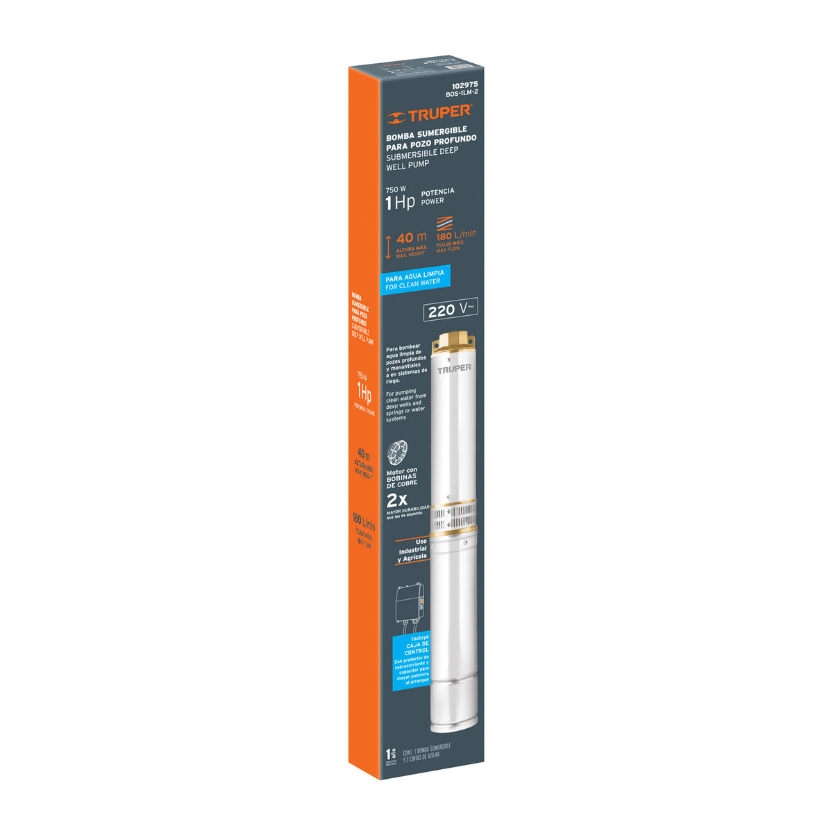 Bomba sumergible tipo bala 4', 1HP,uso agrícola, 220V,TRUPER, Truper, SKU 102975 — vista 2