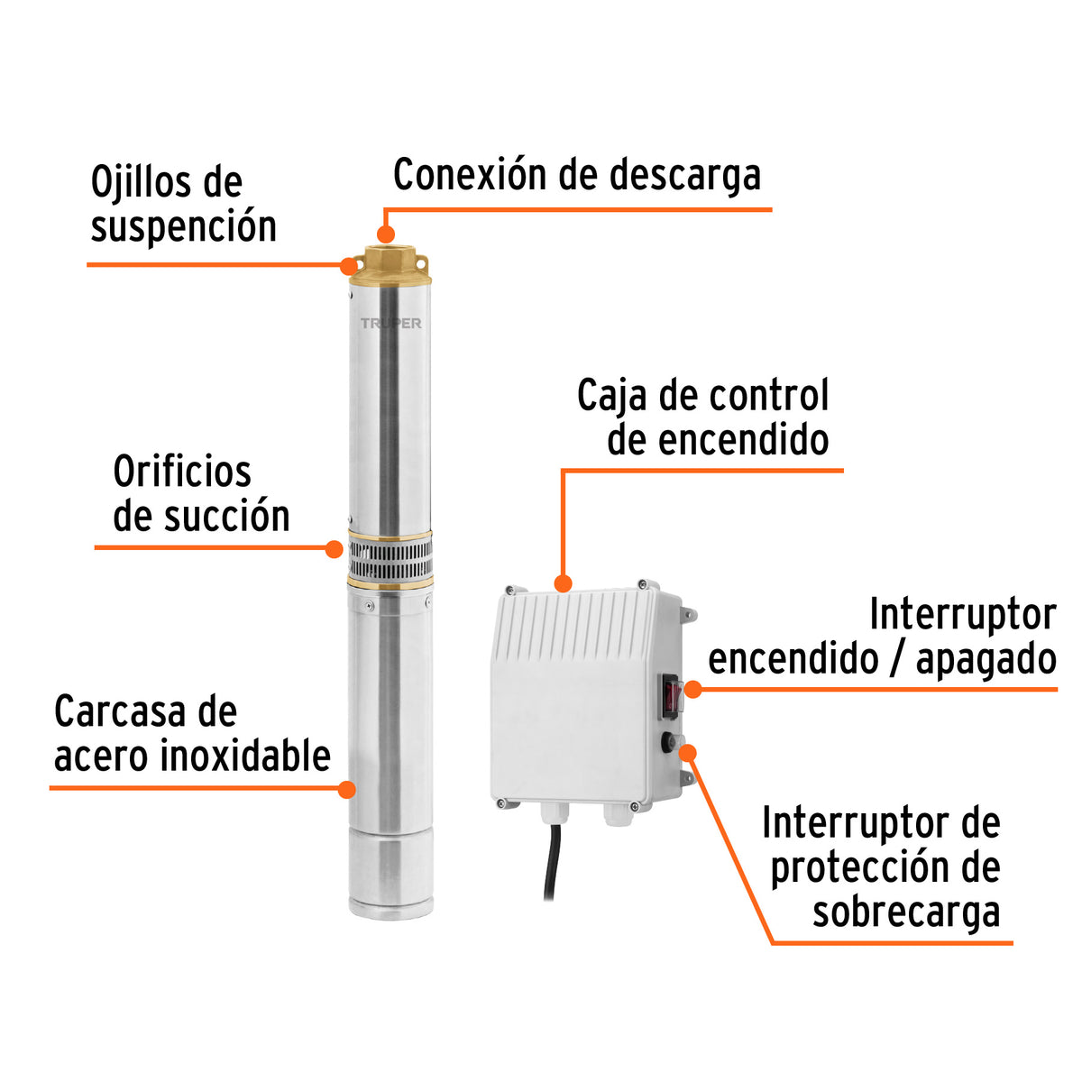 Bomba sumergible tipo bala 4', 1HP,uso agrícola, 220V,TRUPER, Truper, SKU 102975 — vista 3