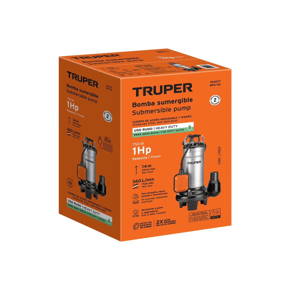 Bomba sumergible, 1 HP acero inox/hierro, para agua sucia — foto oficial 2
