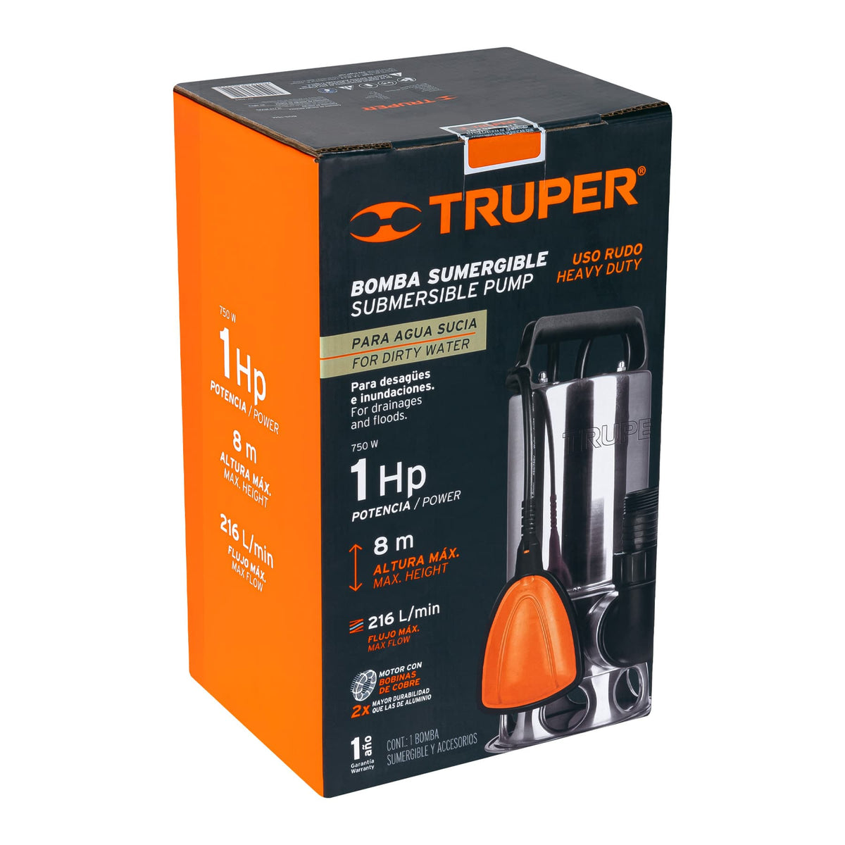 Bomba sumergible acero inoxidable agua sucia 1 HP TRUPER — foto oficial 2