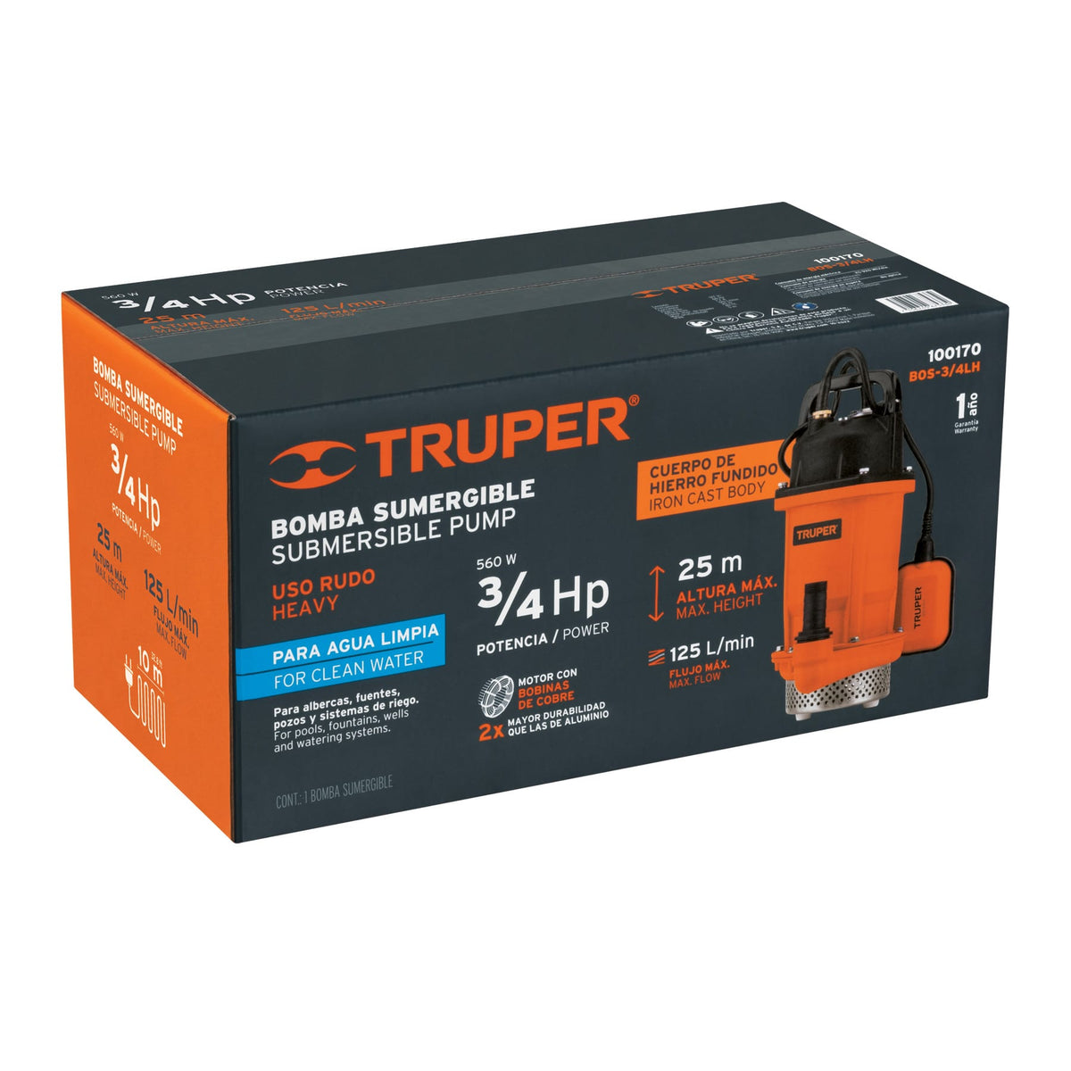 Bomba sumergible hierro fundido agua limpia 3/4 HP, TRUPER — foto oficial 2