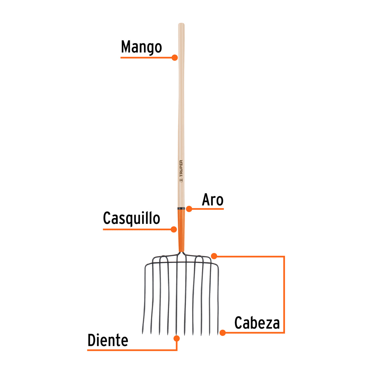 Bieldo para estiércol, 10 dientes, mango 48', cabeza soldada, Truper, SKU 102562 — vista 3