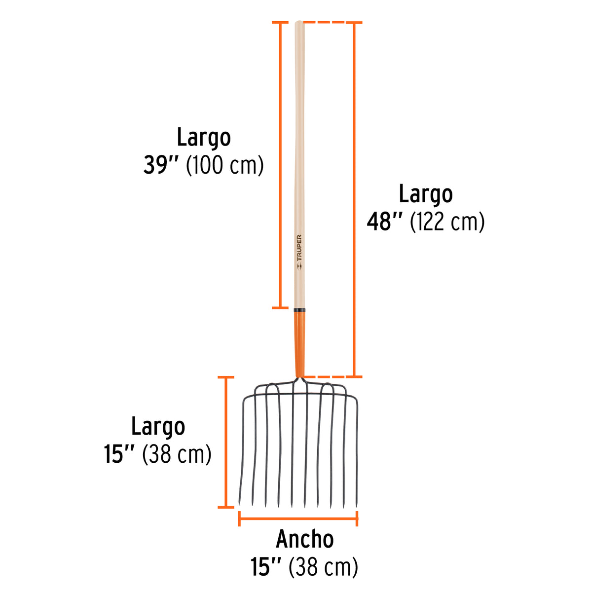 Bieldo para estiércol, 10 dientes, mango 48', cabeza soldada, Truper, SKU 102562 — vista 4