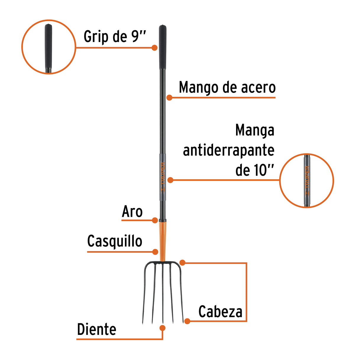 Bieldo para paja, 5 dientes, mango largo de acero 48' TRUPER, Truper, SKU 102101 — vista 3