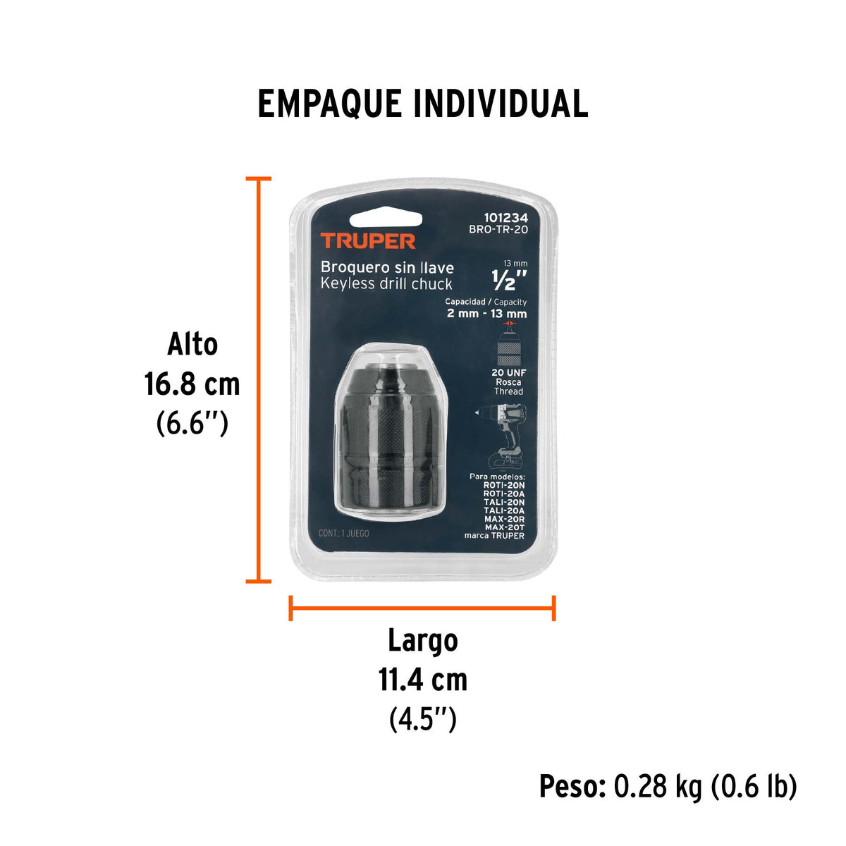 Broquero 1/2' sin llave, para máquinas inalámbricas, TRUPER, Truper, SKU 101234 — vista 5