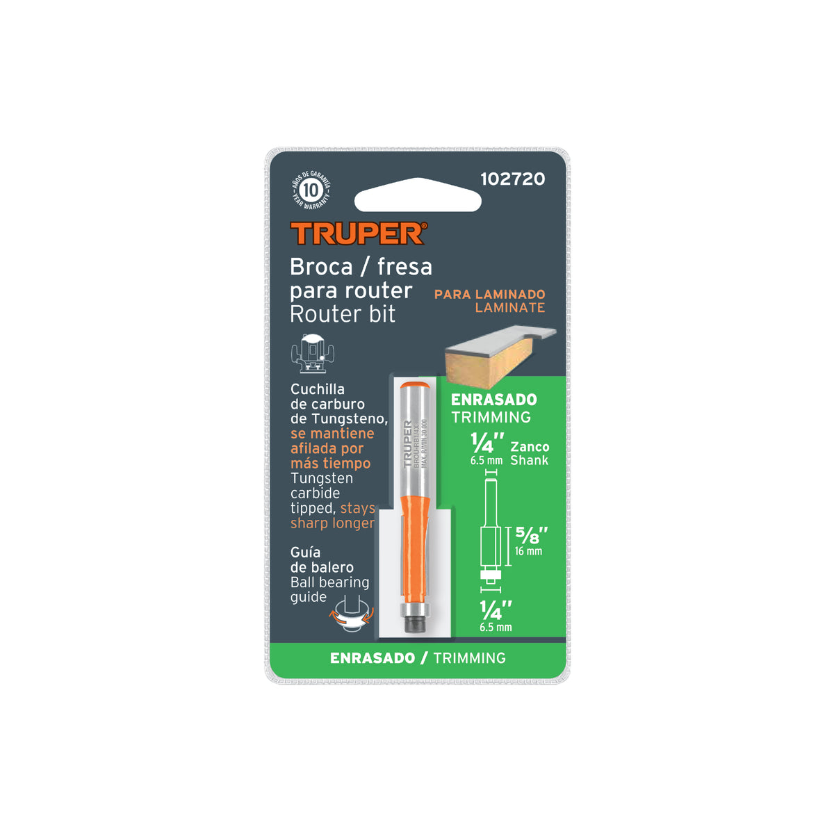 Broca para router, corte recto, 1/4' con balero, TRUPER, Truper, SKU 102720 — vista 2