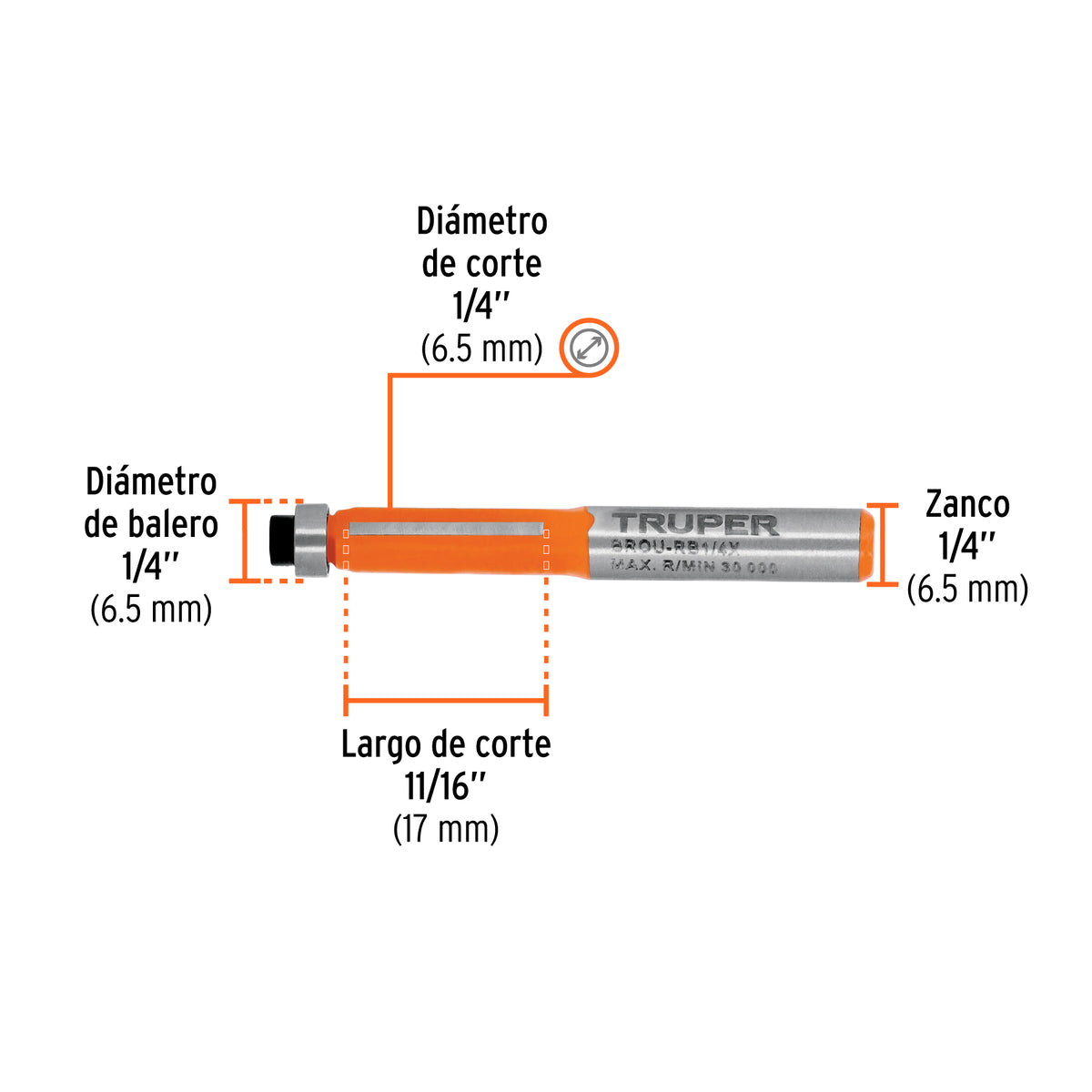 Broca para router, corte recto, 1/4' con balero, TRUPER, Truper, SKU 102720 — vista 4