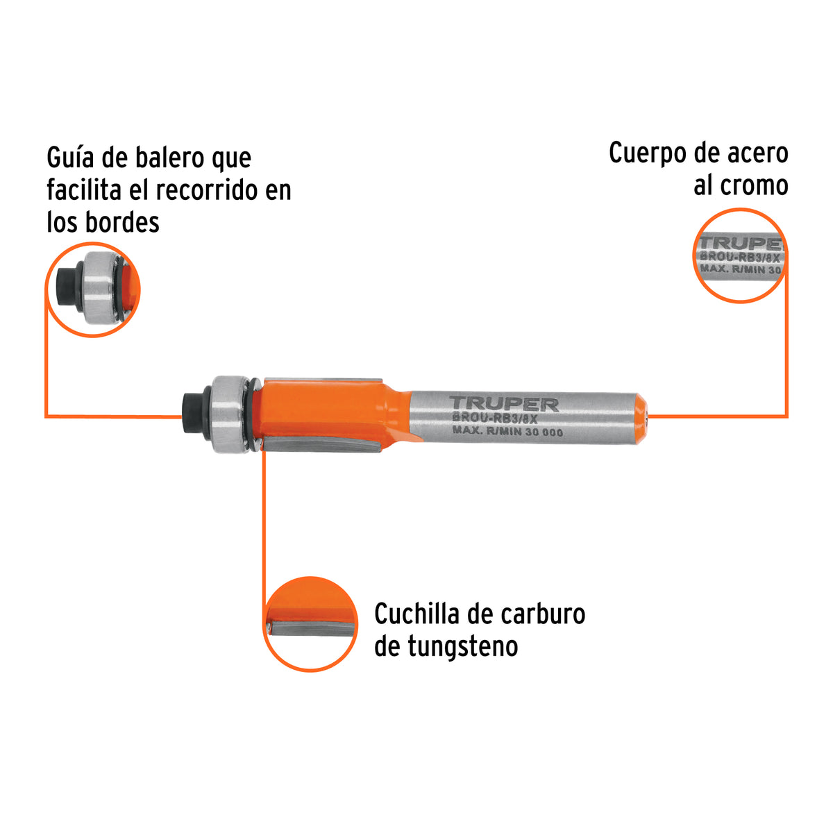 Broca para router, corte recto, 3/8' con balero, TRUPER, Truper, SKU 102721 — vista 3