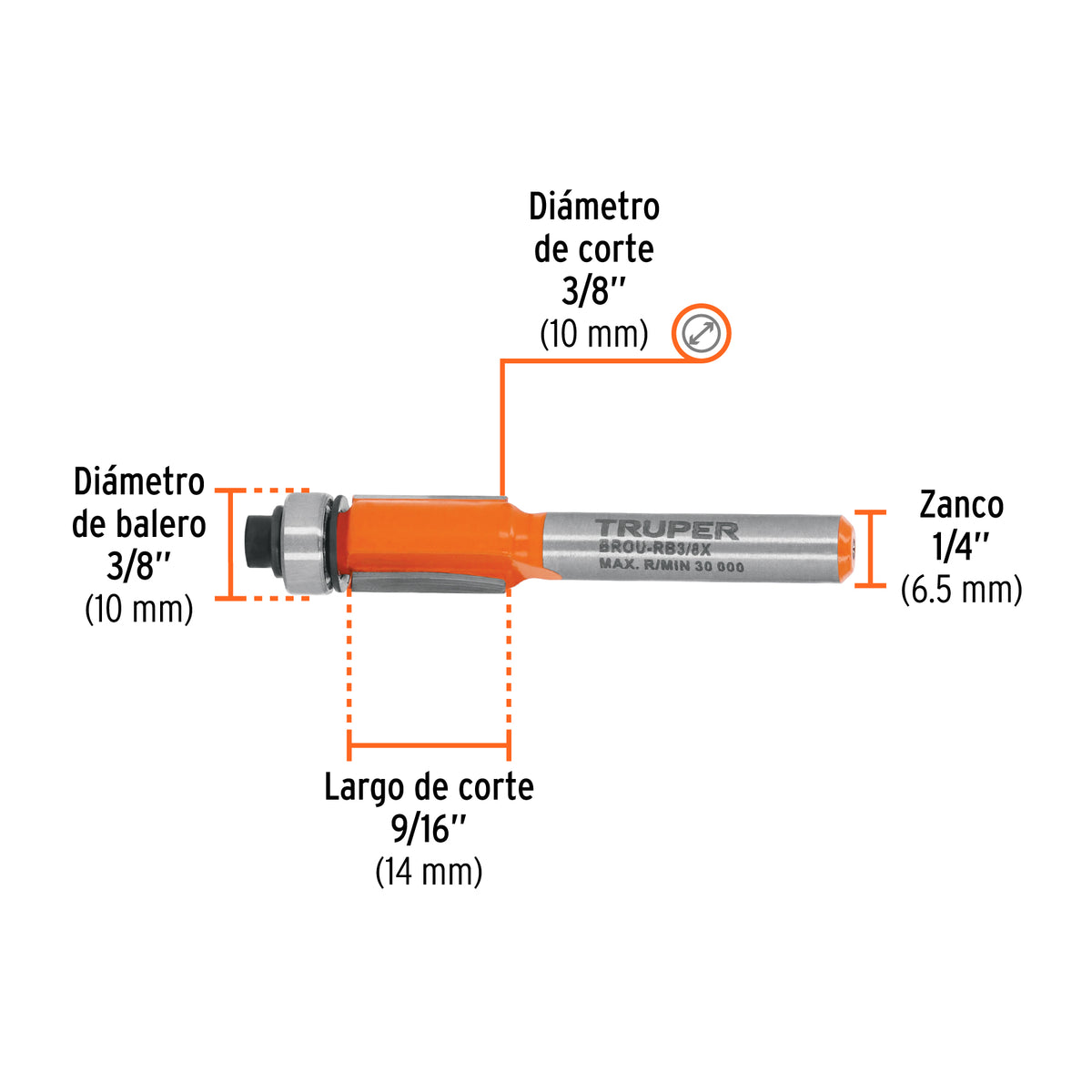 Broca para router, corte recto, 3/8' con balero, TRUPER, Truper, SKU 102721 — vista 4