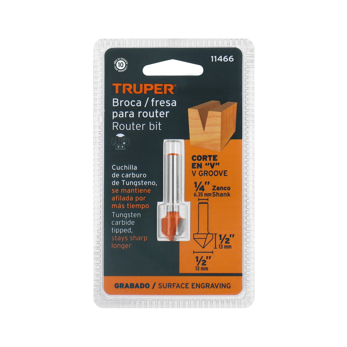 Broca para router, corte en 'V', 1/2', TRUPER — foto oficial 2