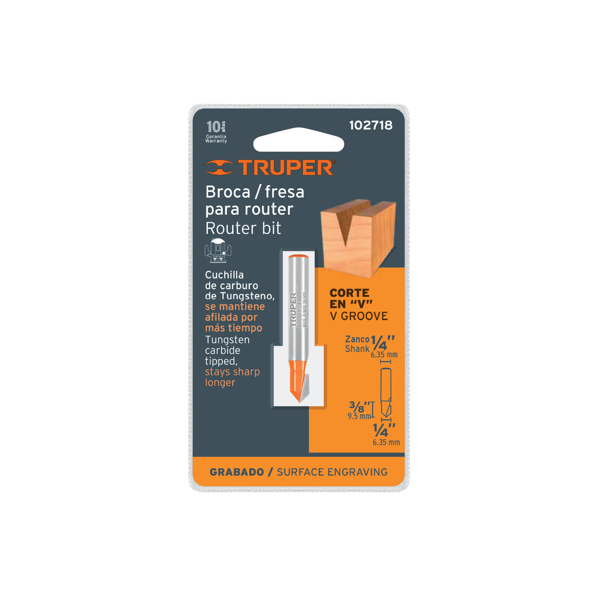 Broca para router, corte en 'V', 1/4', TRUPER — foto oficial 2