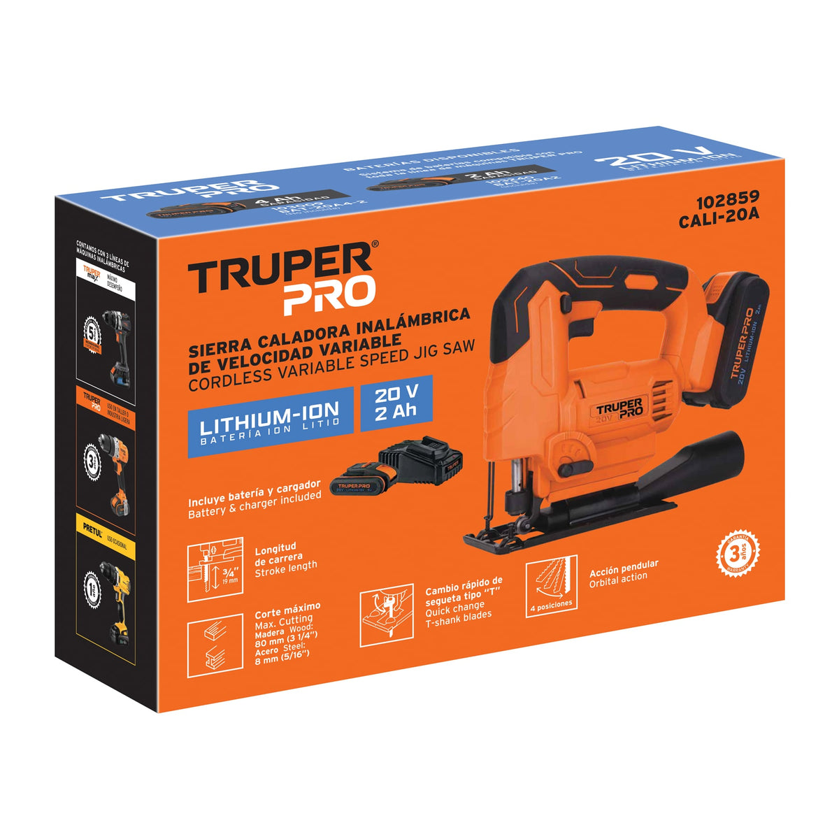 Sierra caladora 20V, 1 batería 2Ah, TRUPER PRO, Truper, SKU 102859 — vista 2