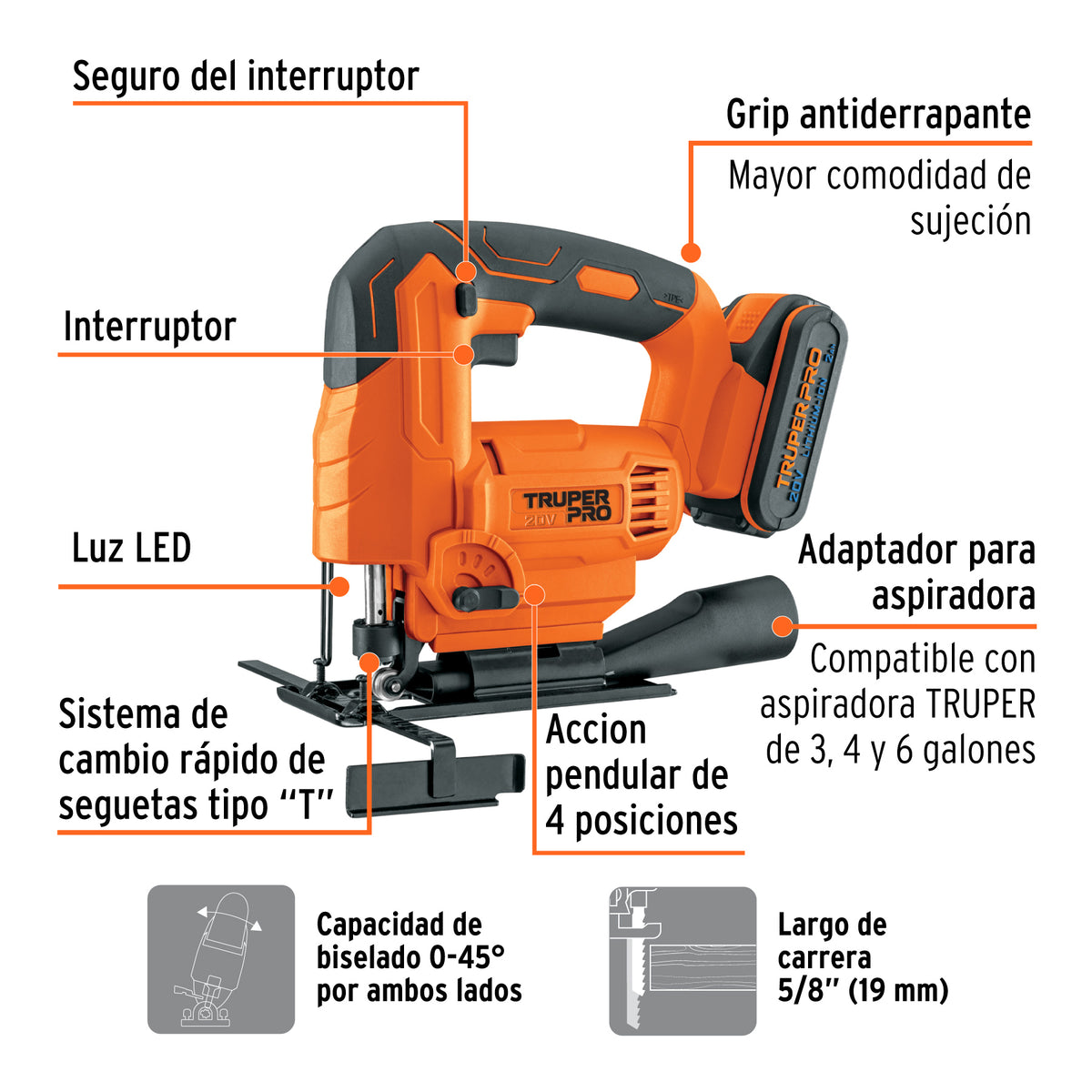 Sierra caladora 20V, 1 batería 2Ah, TRUPER PRO, Truper, SKU 102859 — vista 3