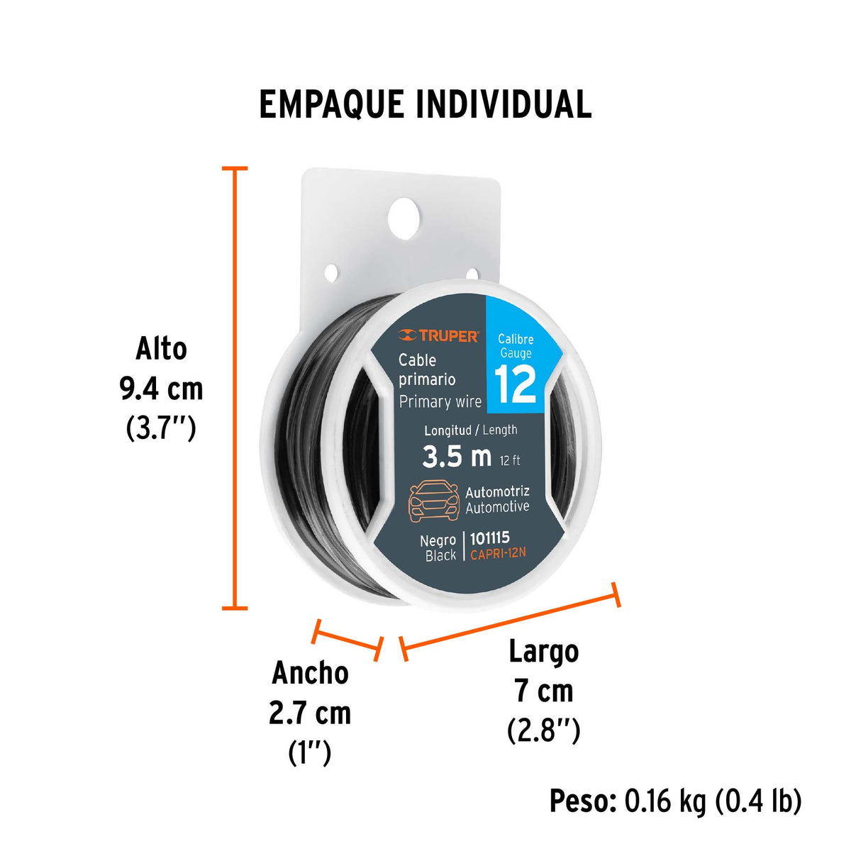 Carrete con 3.5 m de cable primario negro calibre 12, TRUPER, Truper, SKU 101115 — vista 5
