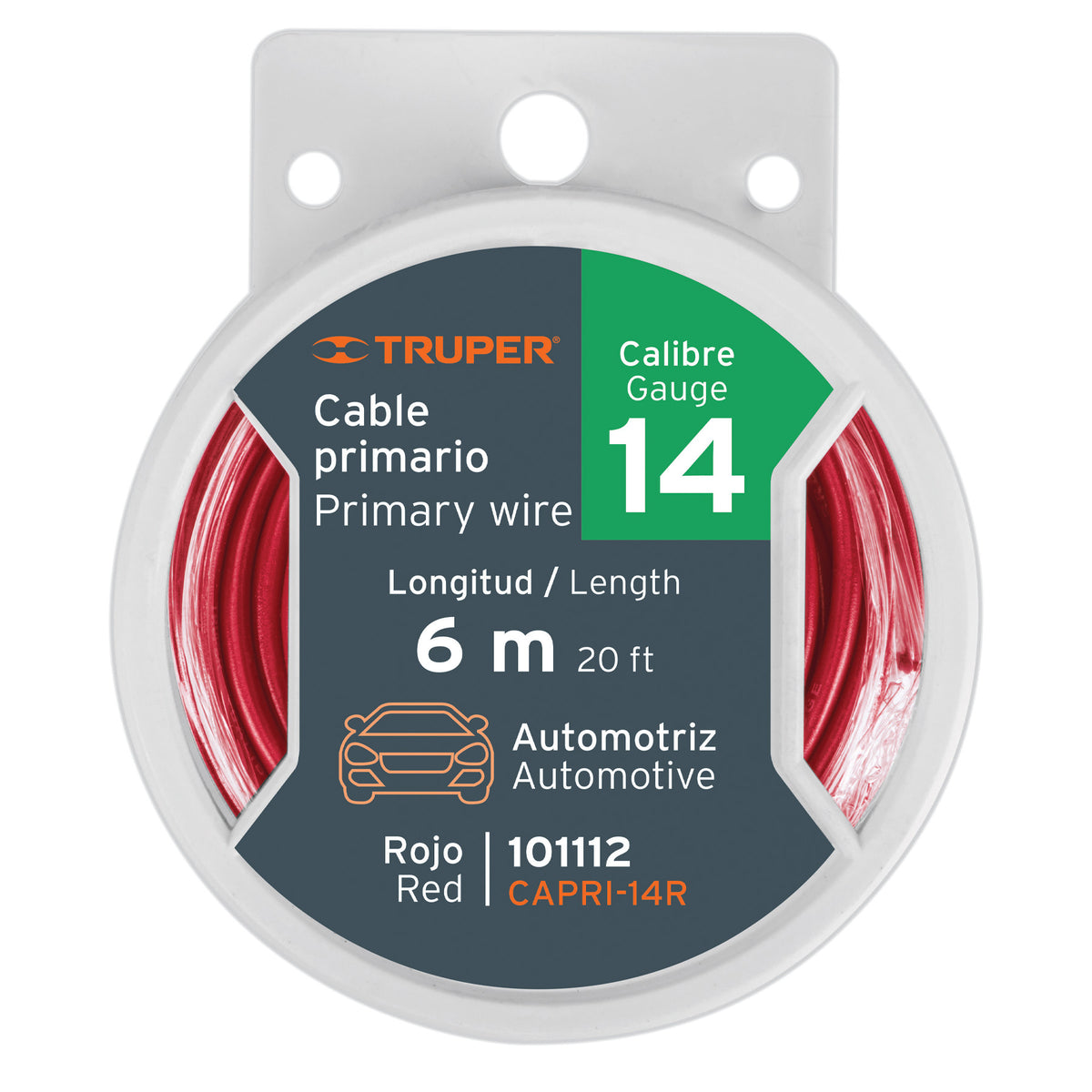 Carrete con 6 m de cable primario rojo calibre 14, TRUPER, Truper, SKU 101112