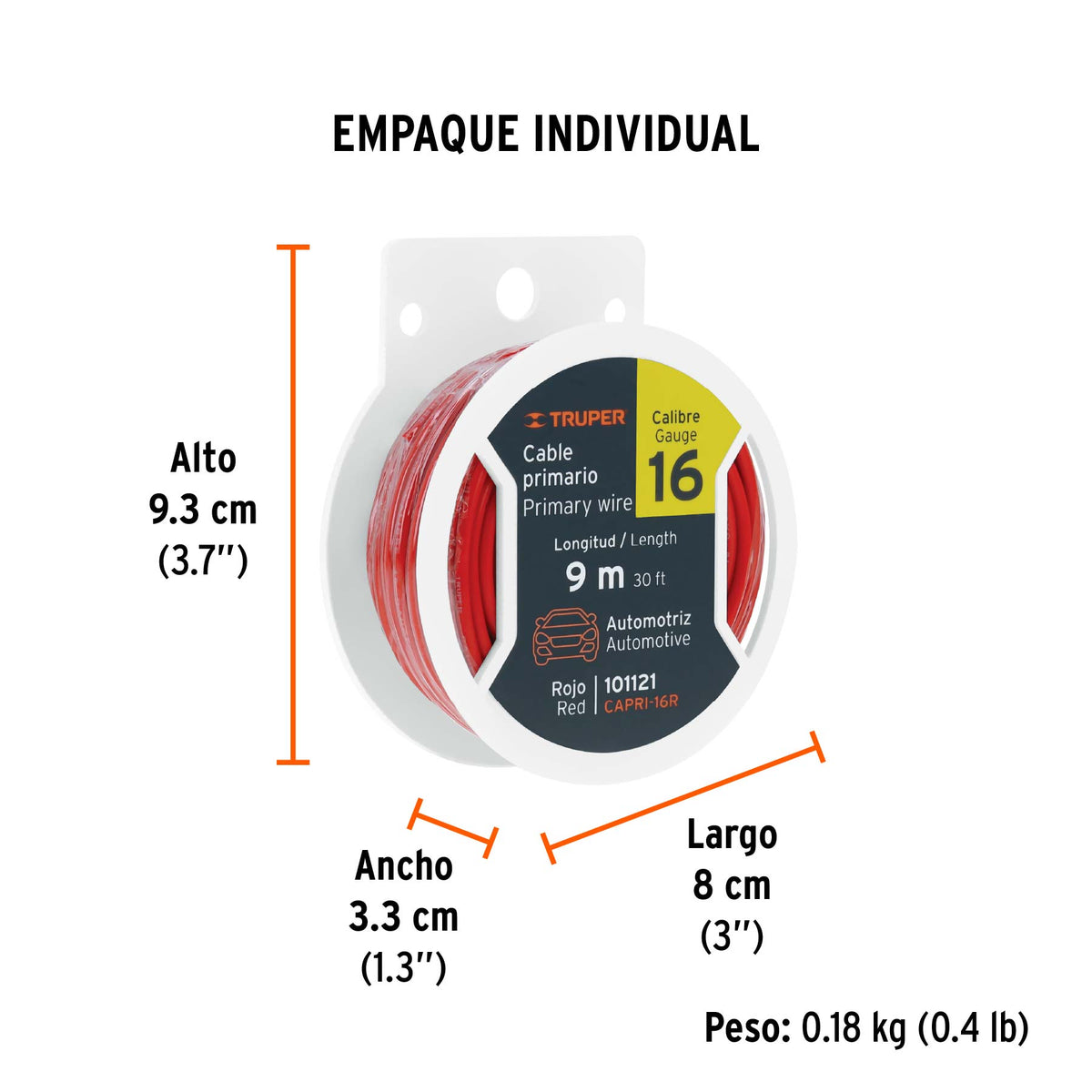 Carrete con 9 m de cable primario rojo calibre 16, TRUPER, Truper, SKU 101121 — vista 5
