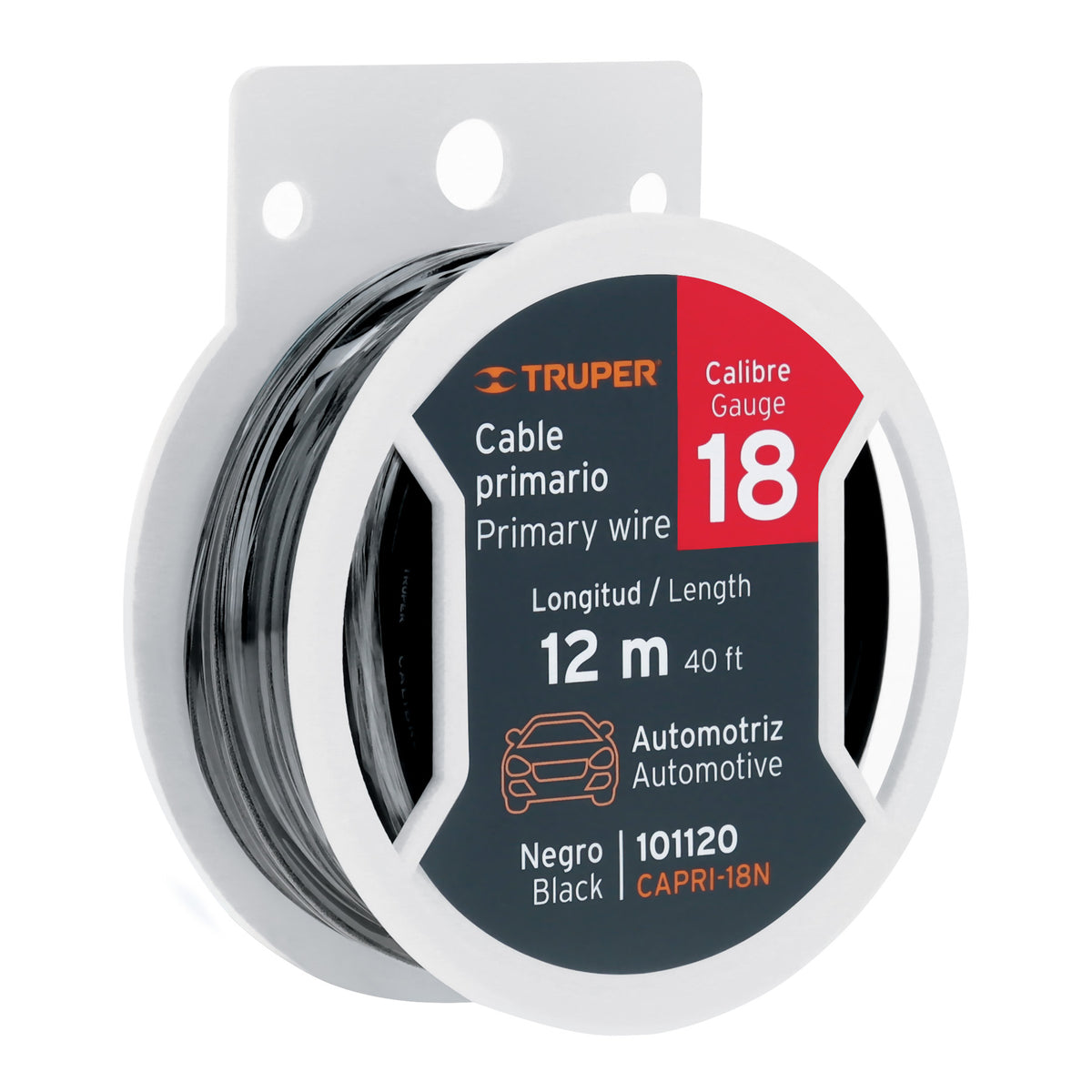 Carrete con 12 m de cable primario negro calibre 18, TRUPER, Truper, SKU 101120