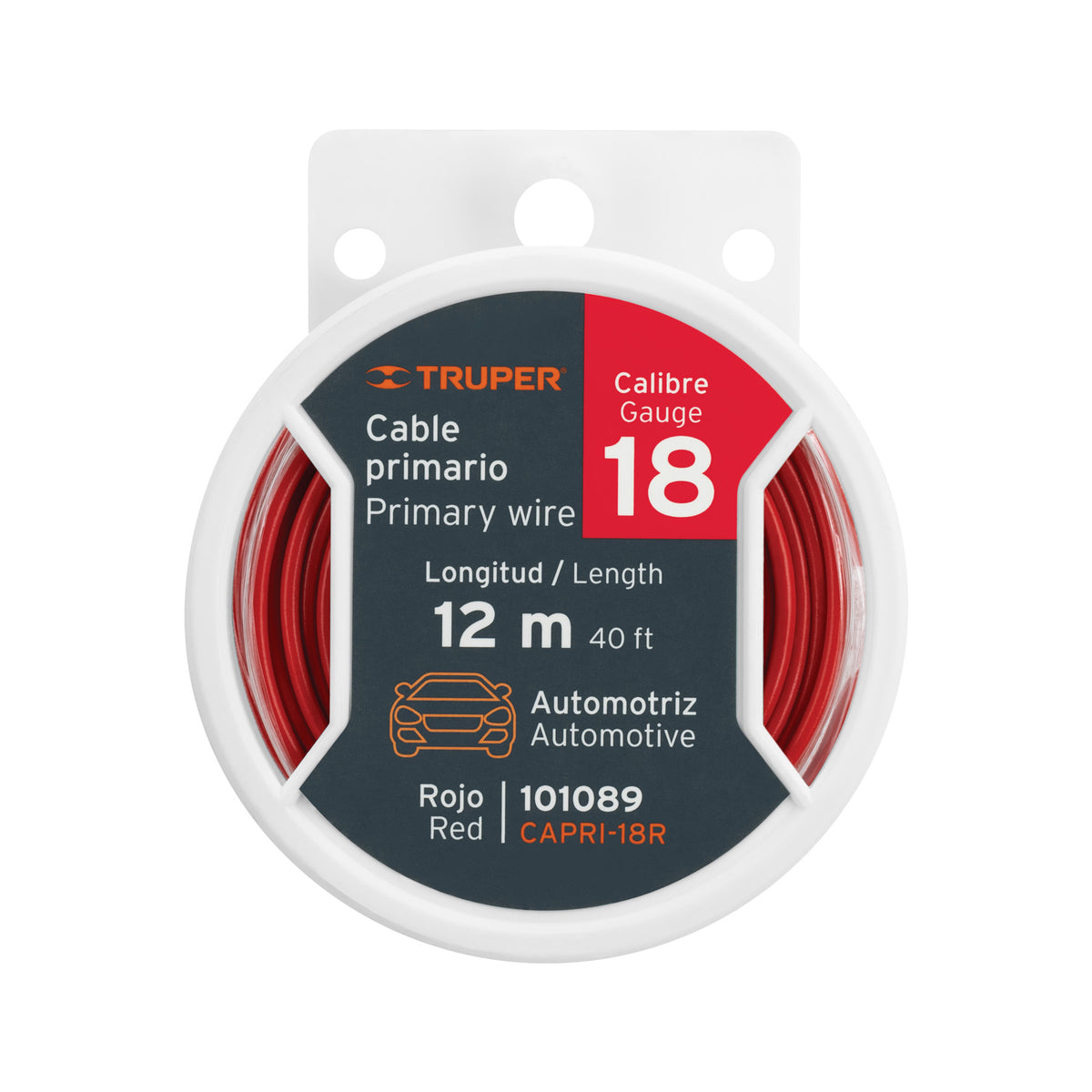 Carrete con 12 m de cable primario rojo calibre 18, TRUPER, Truper, SKU 101089