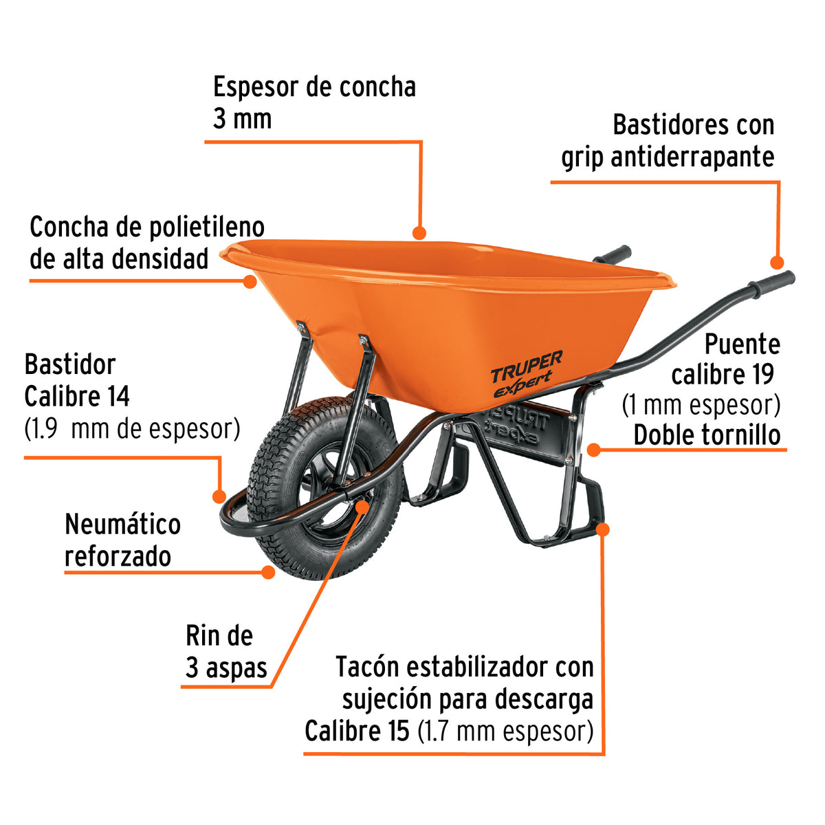 Carretilla 6ft3 EXPERT plástica, neumática, bastidor tubular, Expert, SKU 103008 — vista 3