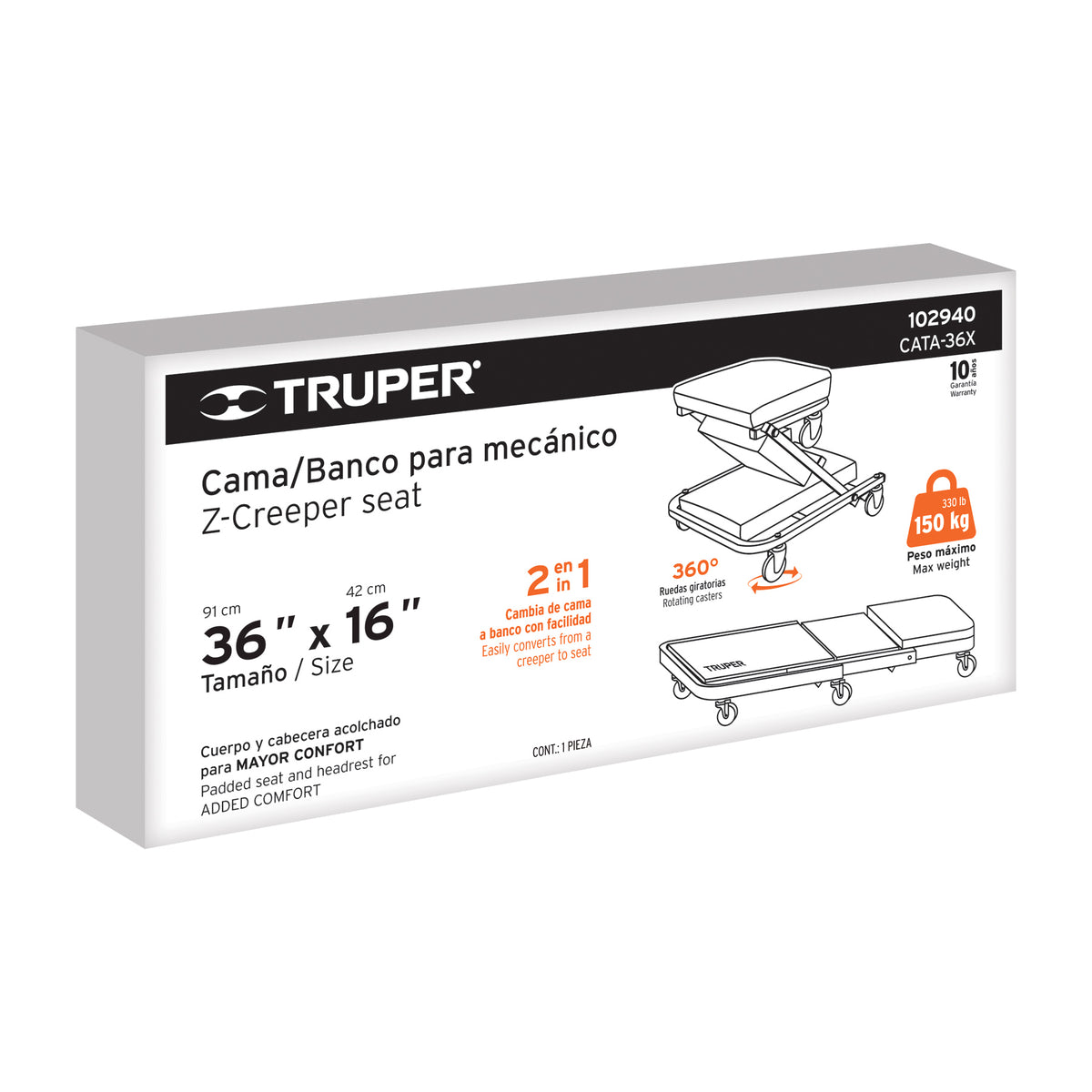 Cama / banco de 36' para mecánico, TRUPER, Truper, SKU 102940 — vista 2