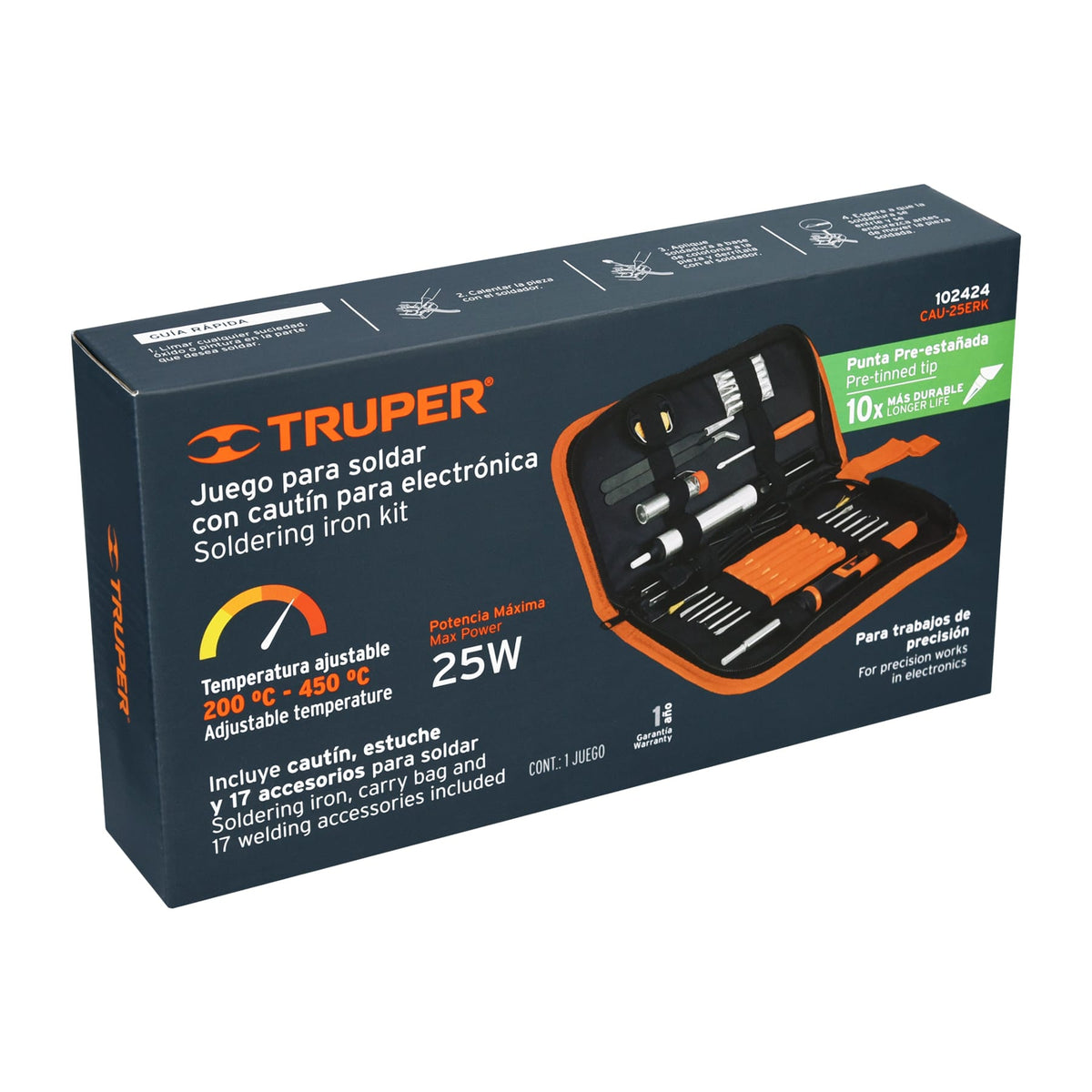 Kit soldadura electrónica con cautín de 25 W, temp regulable, Truper, SKU 102424 — vista 2