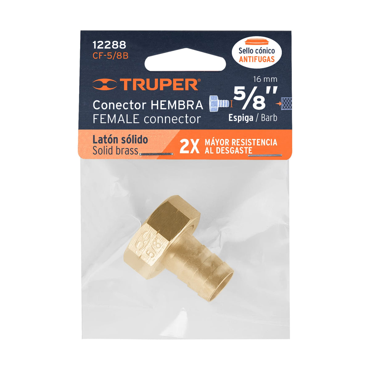 Conector 5/8' hembra de latón sólido para manguera, TRUPER — foto oficial 2