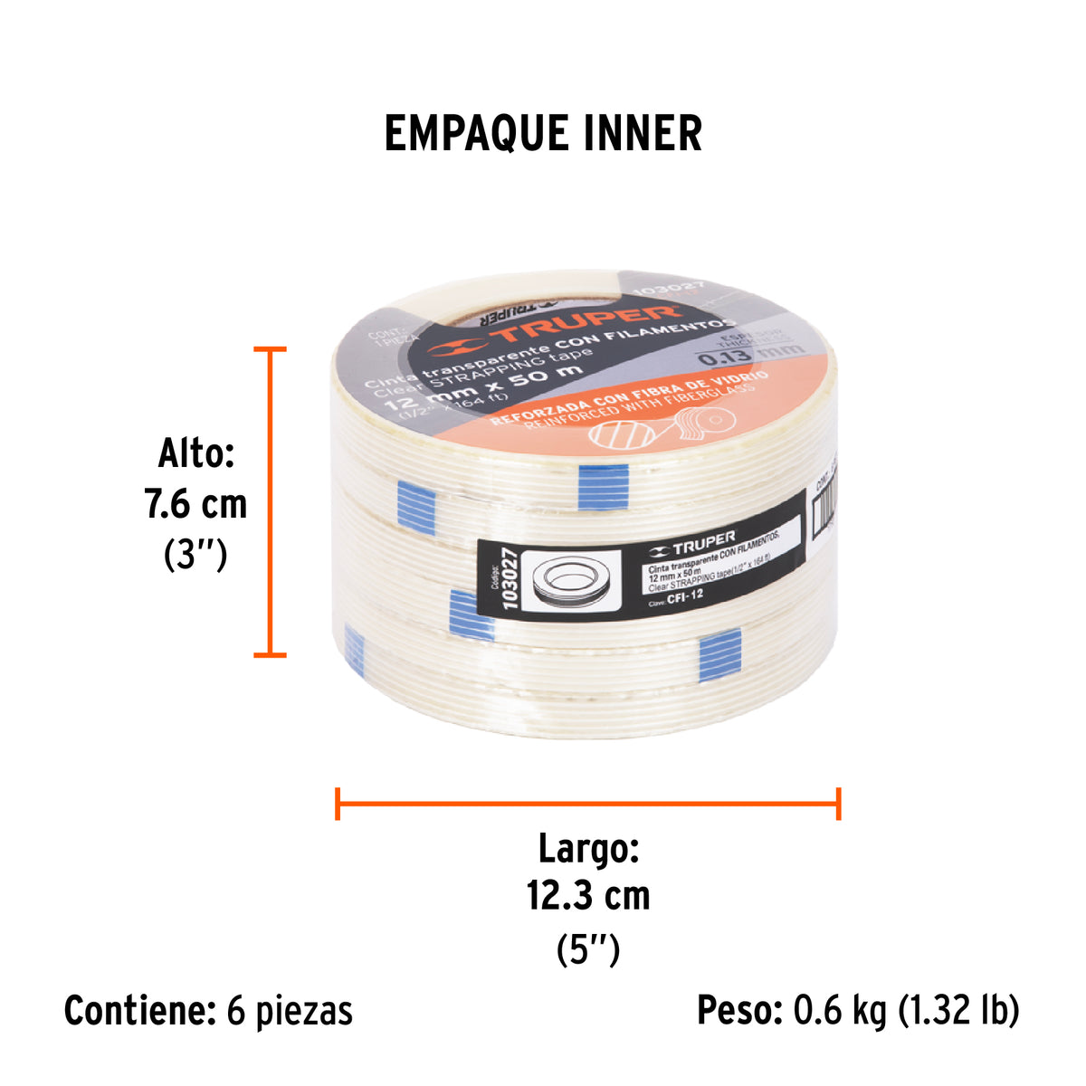 Cinta flejadora con filamentos 12mm x 50 m, transparente, Truper, SKU 103027 — vista 6