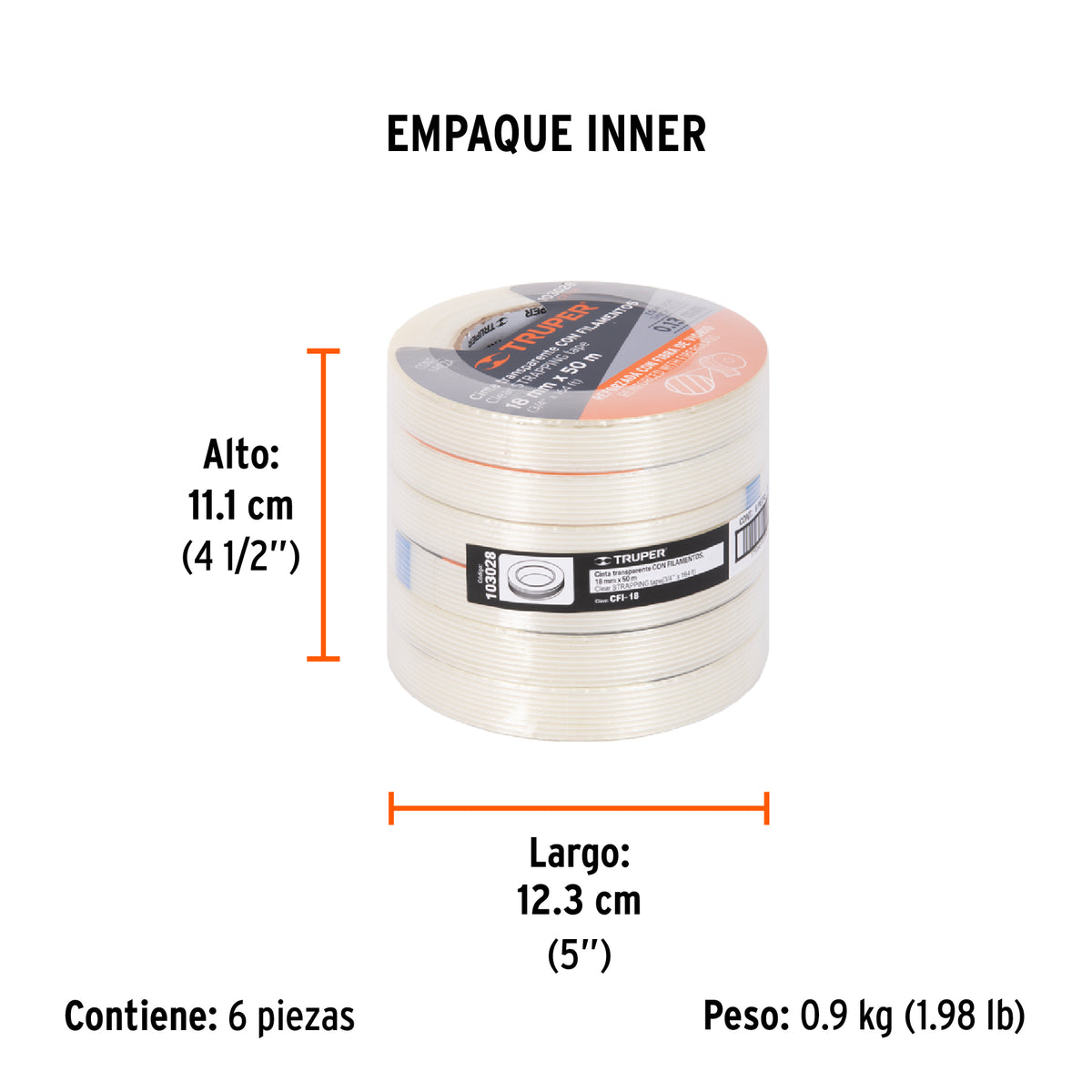 Cinta flejadora con filamentos 18mm x 50 m, transparente, Truper, SKU 103028 — vista 6