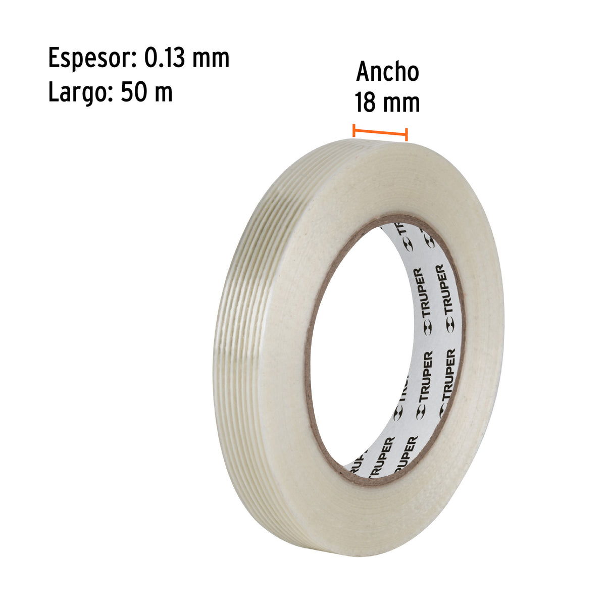 Cinta flejadora con filamentos 18mm x 50 m, transparente, Truper, SKU 103028 — vista 3