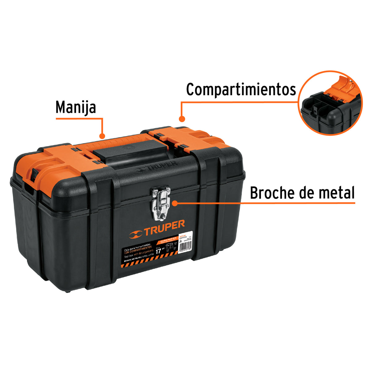 Caja para herramienta 17' compartimentos y broches metálicos, Truper, SKU 102434 — vista 3