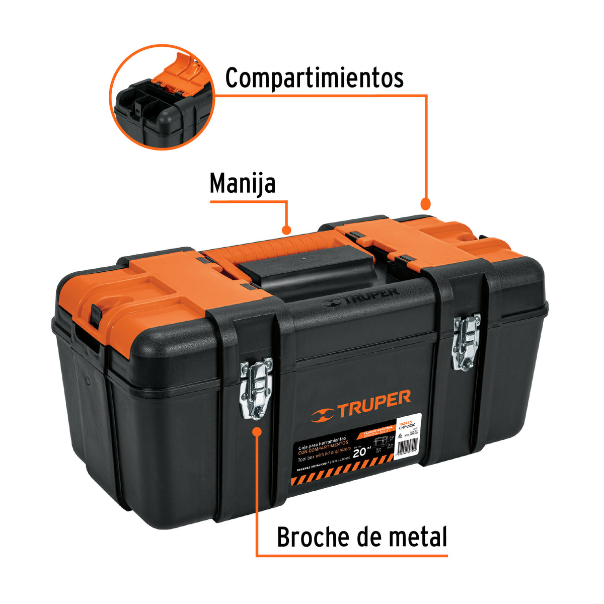 Caja para herramienta 20' compartimentos y broches metálicos, Truper, SKU 102435 — vista 3