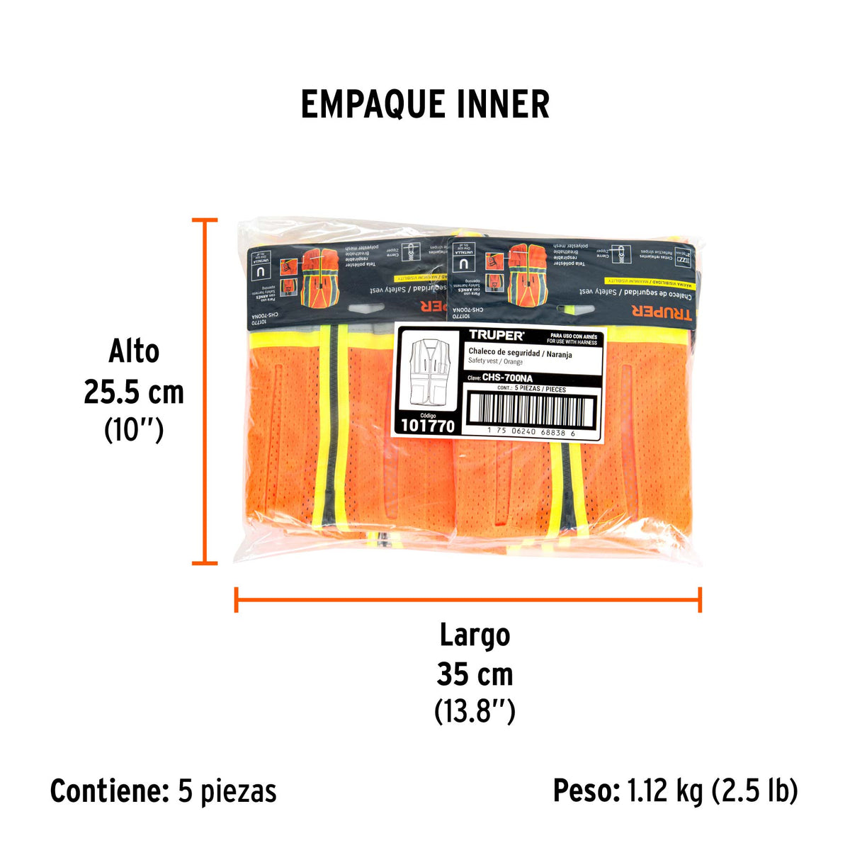Chaleco de seguridad para arnés, alta visibilidad, naranja, Truper, SKU 101770 — vista 6