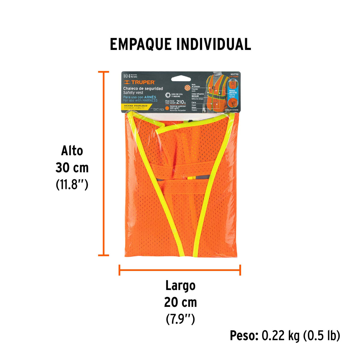 Chaleco de seguridad para arnés, alta visibilidad, naranja, Truper, SKU 101770 — vista 5