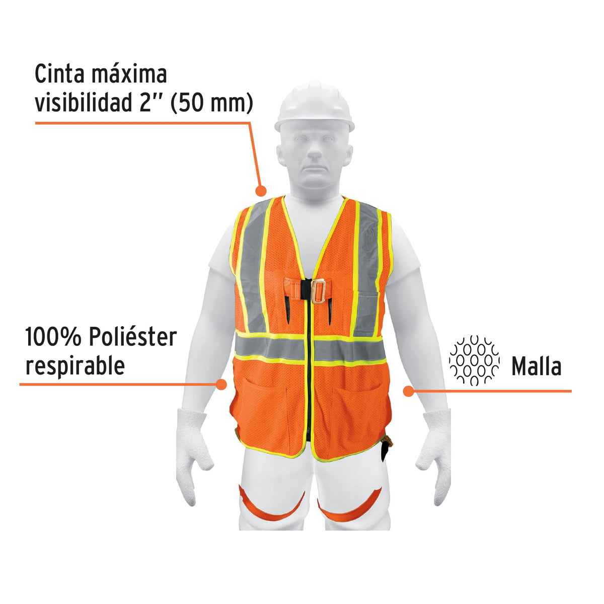 Chaleco de seguridad para arnés, alta visibilidad, naranja, Truper, SKU 101770 — vista 3