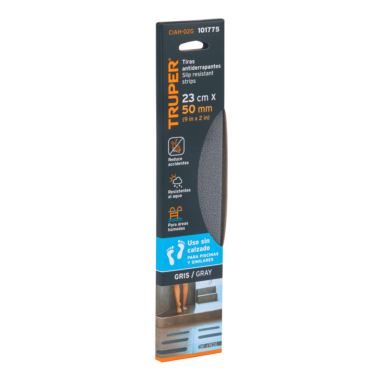 Tarjeta 6 tiras 23cm antiderrapantes grises 50mm área húmeda, Truper, SKU 101775 — vista 2