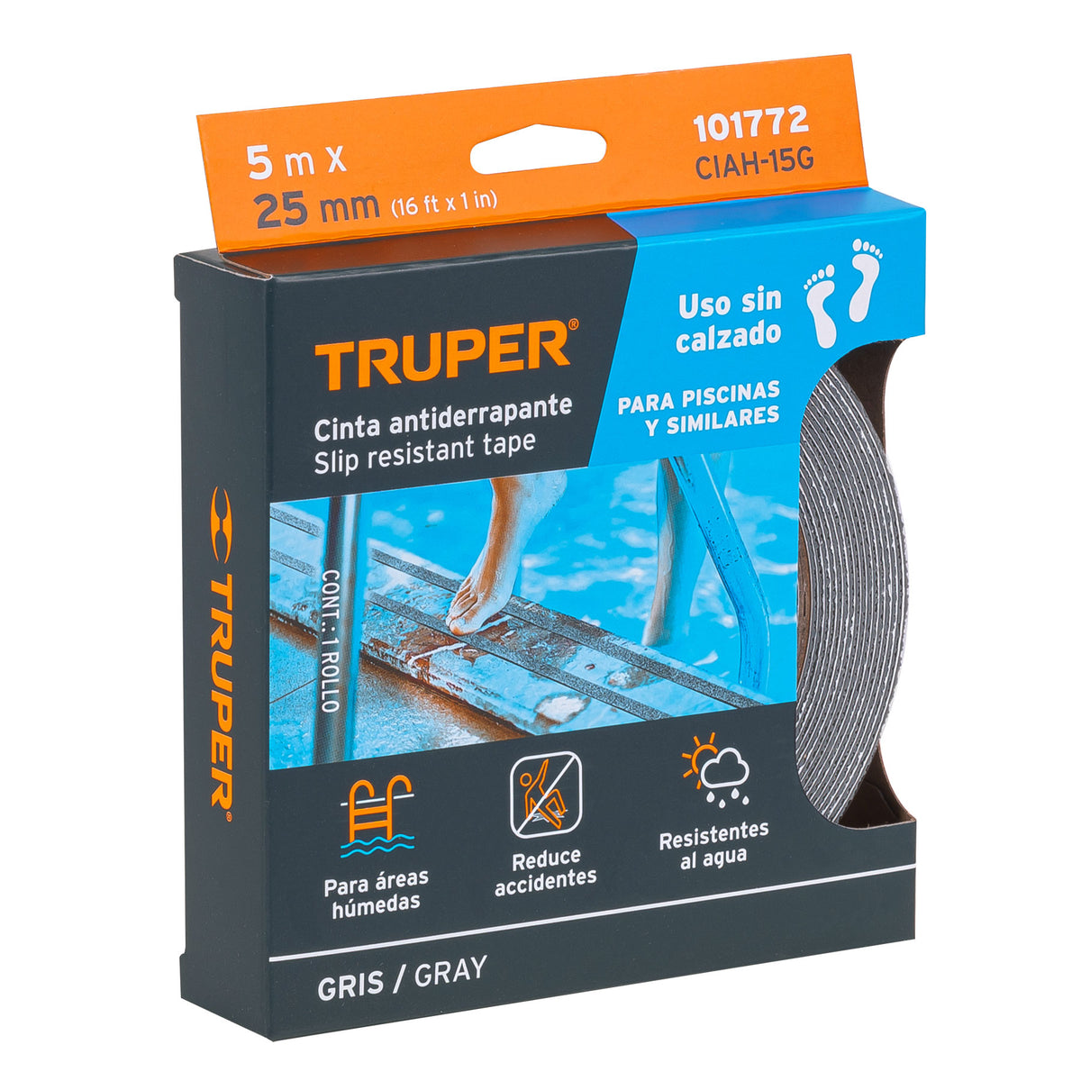 Rollo de 5 m cinta antiderrapante 25mm gris p/áreas húmedas, Truper, SKU 101772 — vista 2