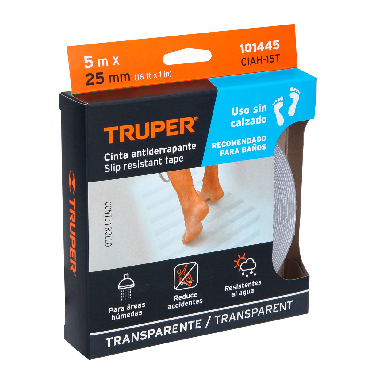 Rollo 5 m cinta antiderrapante transp. 25mm p/áreas húmedas, Truper, SKU 101445 — vista 2