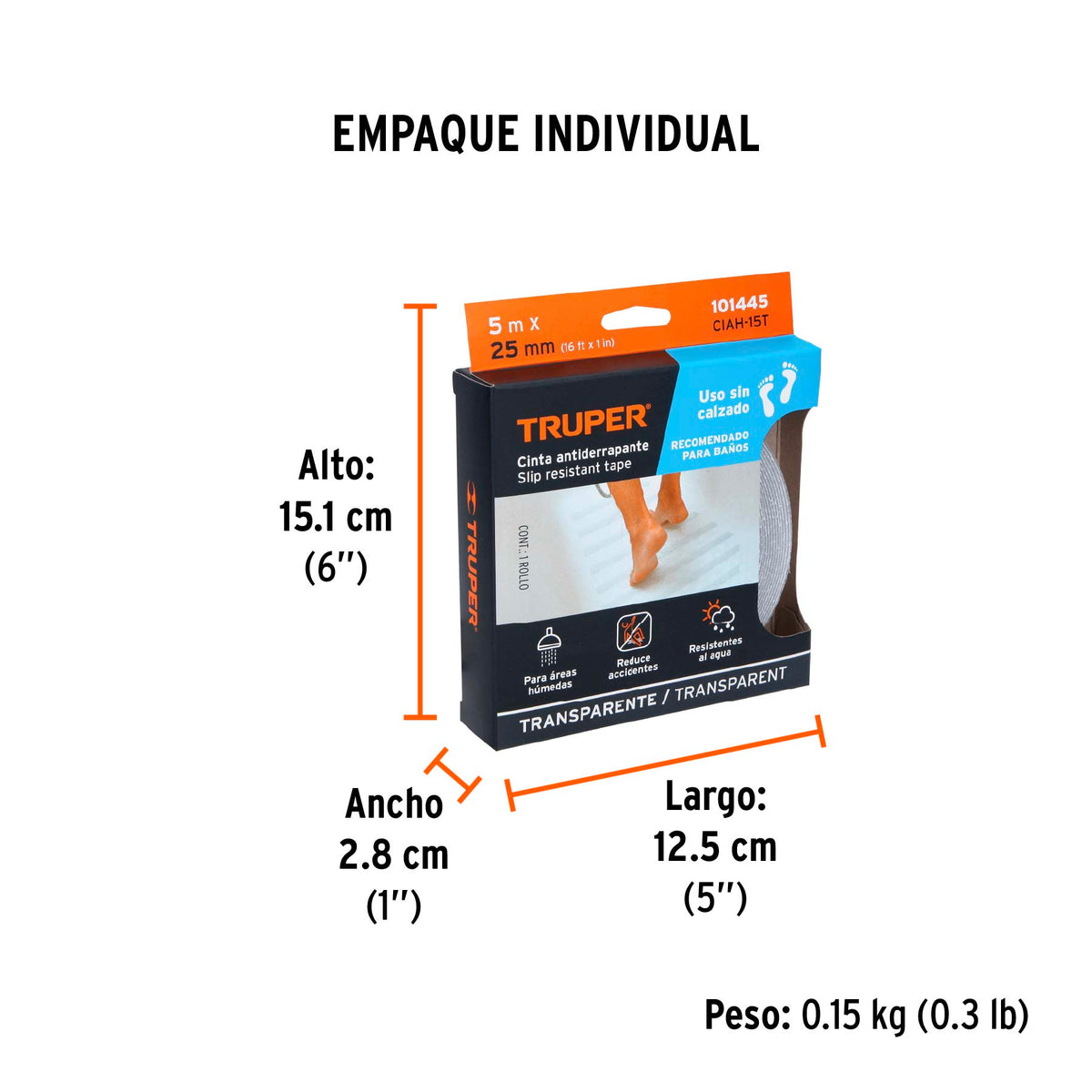 Rollo 5 m cinta antiderrapante transp. 25mm p/áreas húmedas, Truper, SKU 101445 — vista 5