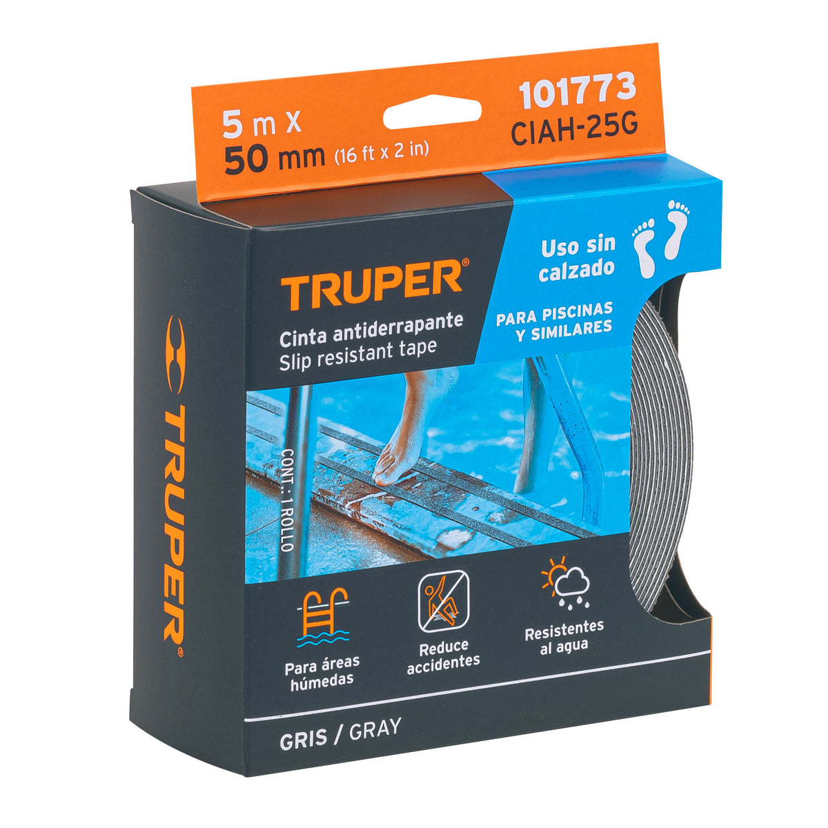 Rollo de 5 m cinta antiderrapante 50mm gris p/áreas húmedas, Truper, SKU 101773 — vista 2