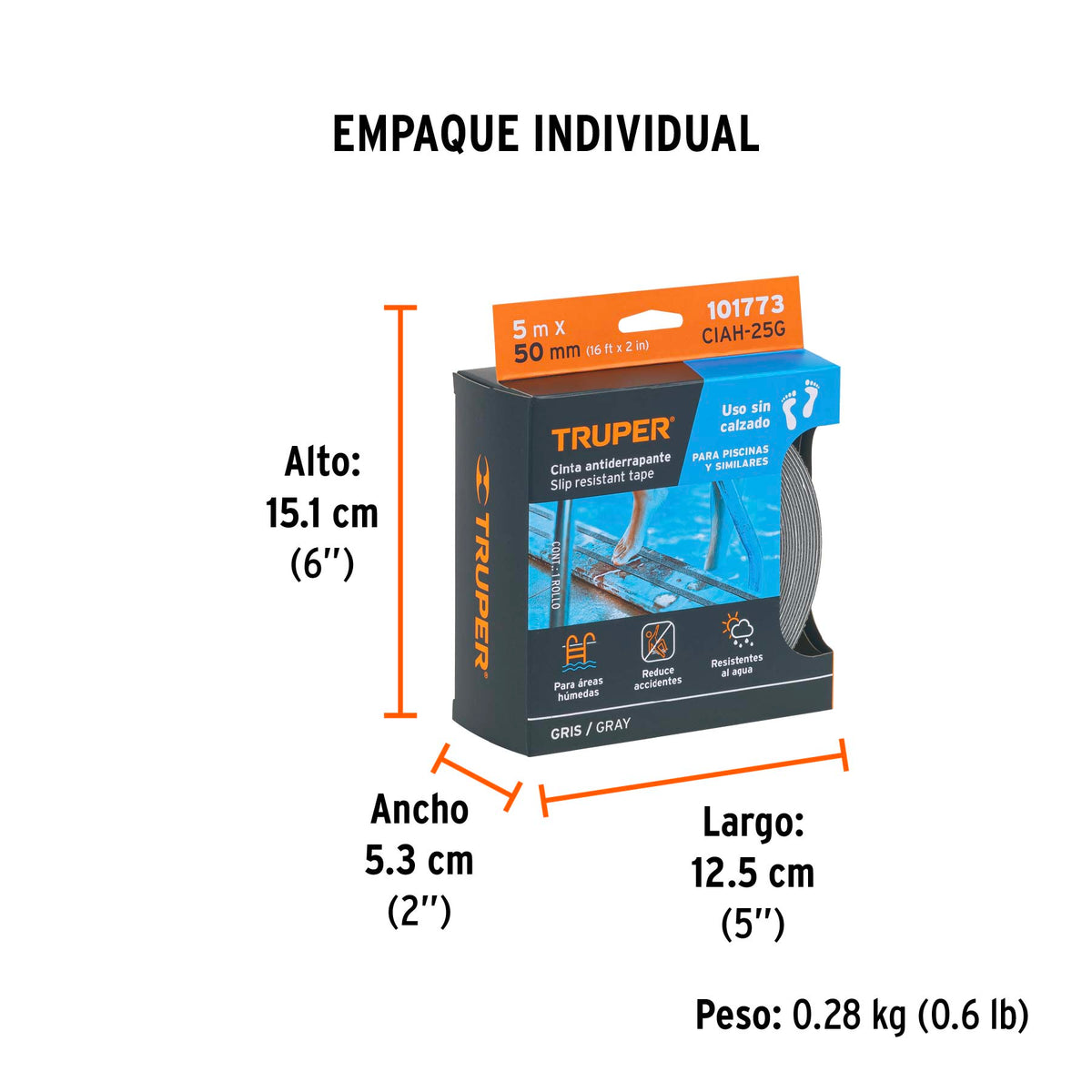 Rollo de 5 m cinta antiderrapante 50mm gris p/áreas húmedas, Truper, SKU 101773 — vista 5