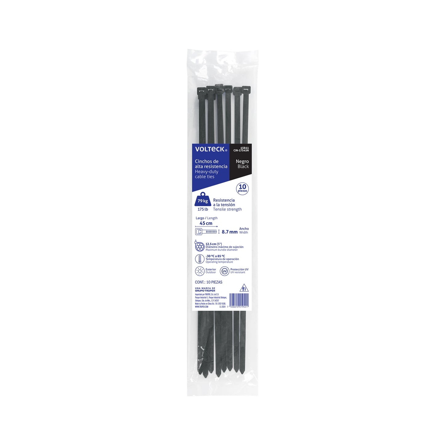 BOLSA 10PZS CINCHOS ALTA RESISTENCIA NEGROS 30CM X 7.6MM VOLTECK 45840 CIN-1203ON