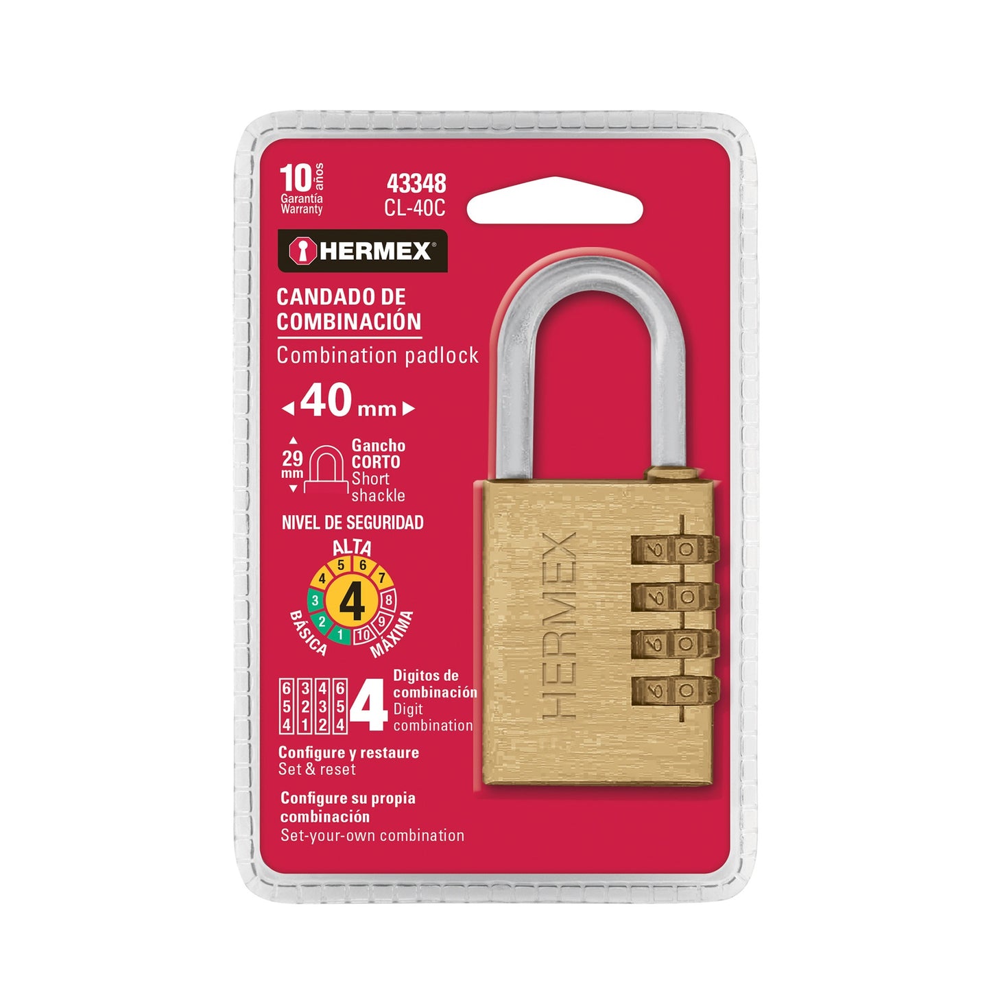CANDADO DE LATÓN 40MM DE COMBINACIÓN BLISTER HERMEX 43348 CL-40C